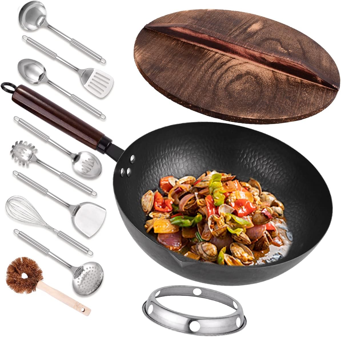 Leidawn 12.8″ Carbon Steel Wok-11Pcs Woks & Stir Fry Pans Wok Pan with Lid, No Chemical Coated Chinese Woks with 10 Cookware Accessories, Flat Bottom Wok for Electric, Induction,Gas Stoves