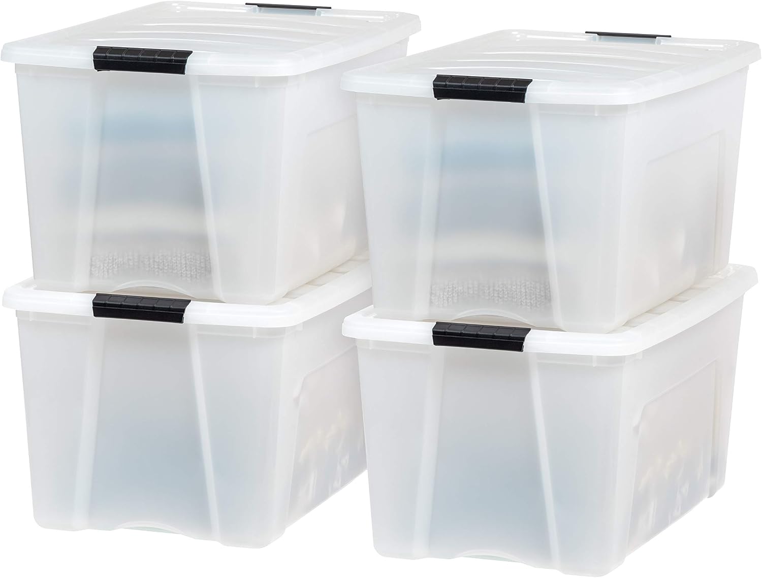IRIS USA 4-Pack 72 Quart Storage Bins with Lids, Pearl | Conceals contents for a clean look. Perfect for moving, blankets, clothing, and garage storage. Nestable design saves space.