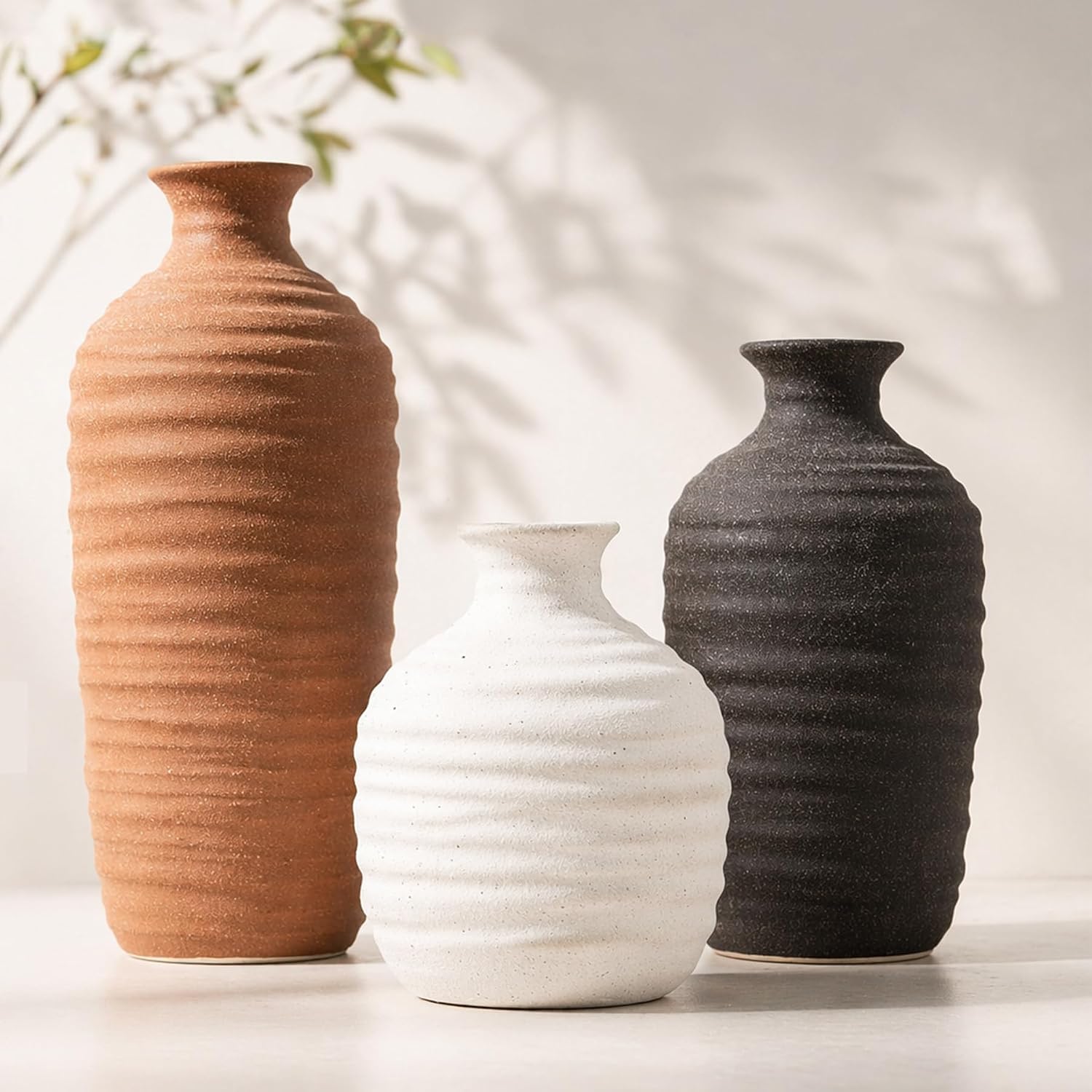 Dobbyby Ceramic Vase Set of 3 Neutral Decorative Vase for Farmhouse, Boho, or Rustic Home Decor Pottery Vases for Pampas Grass Living Room Bedroom Table Mantel Entryway Shelf (01-Brown)