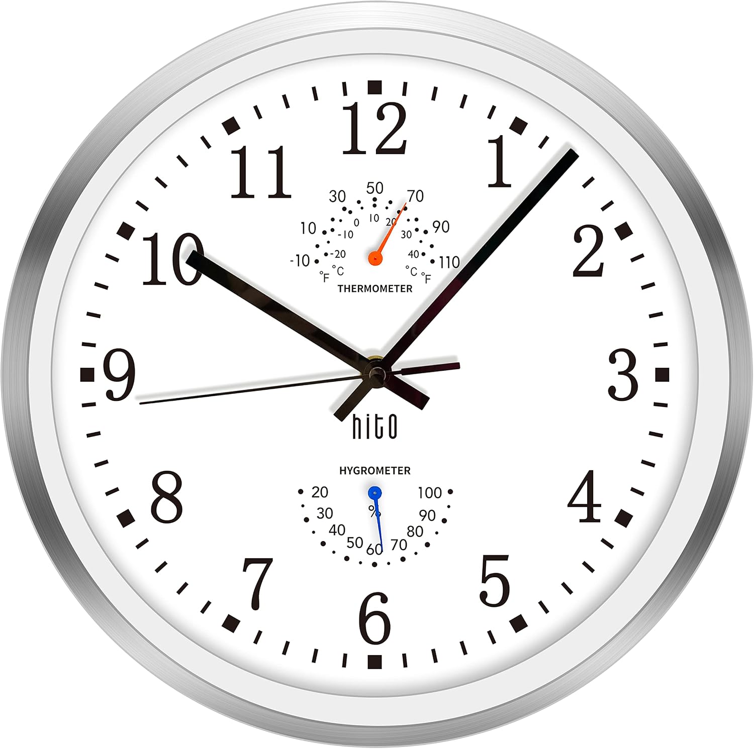 HITO 12 Inch Silent Wall Clock Battery Operated Non Ticking Glass Cover Silver Aluminum Frame, for Living Room Decor, Kitchen, Bedroom, Home Office (12″ White)