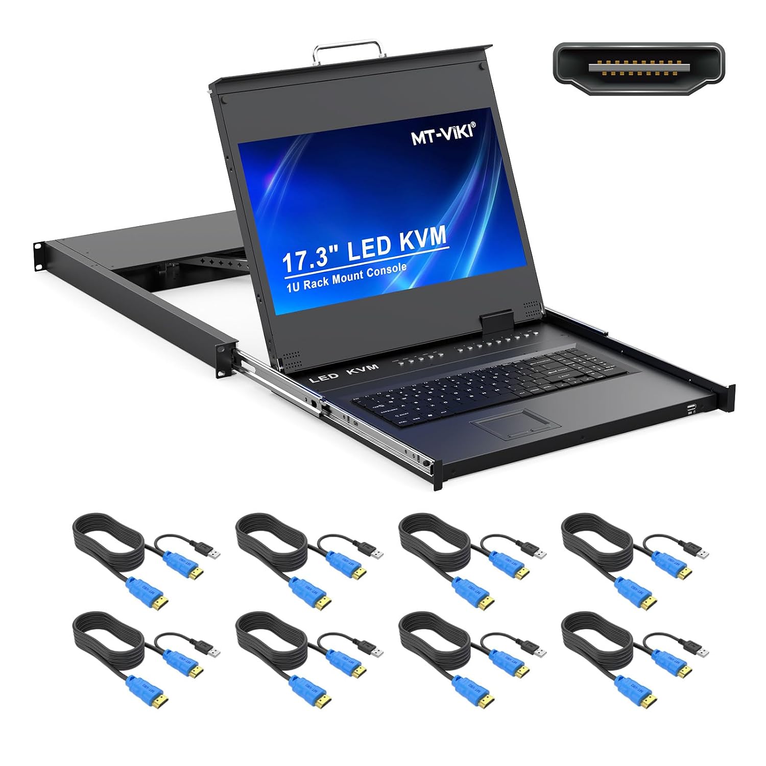 MT-VIKI® KVM Rack Mount HDMI with 17.3” LCD Monitor, 1080P@60Hz Support OSD/Hotkey, Included 8 KVM Cables+Keyboard + Touchpad, Fit 1U 19” Rack, Mount Depth 23.6-31.8″