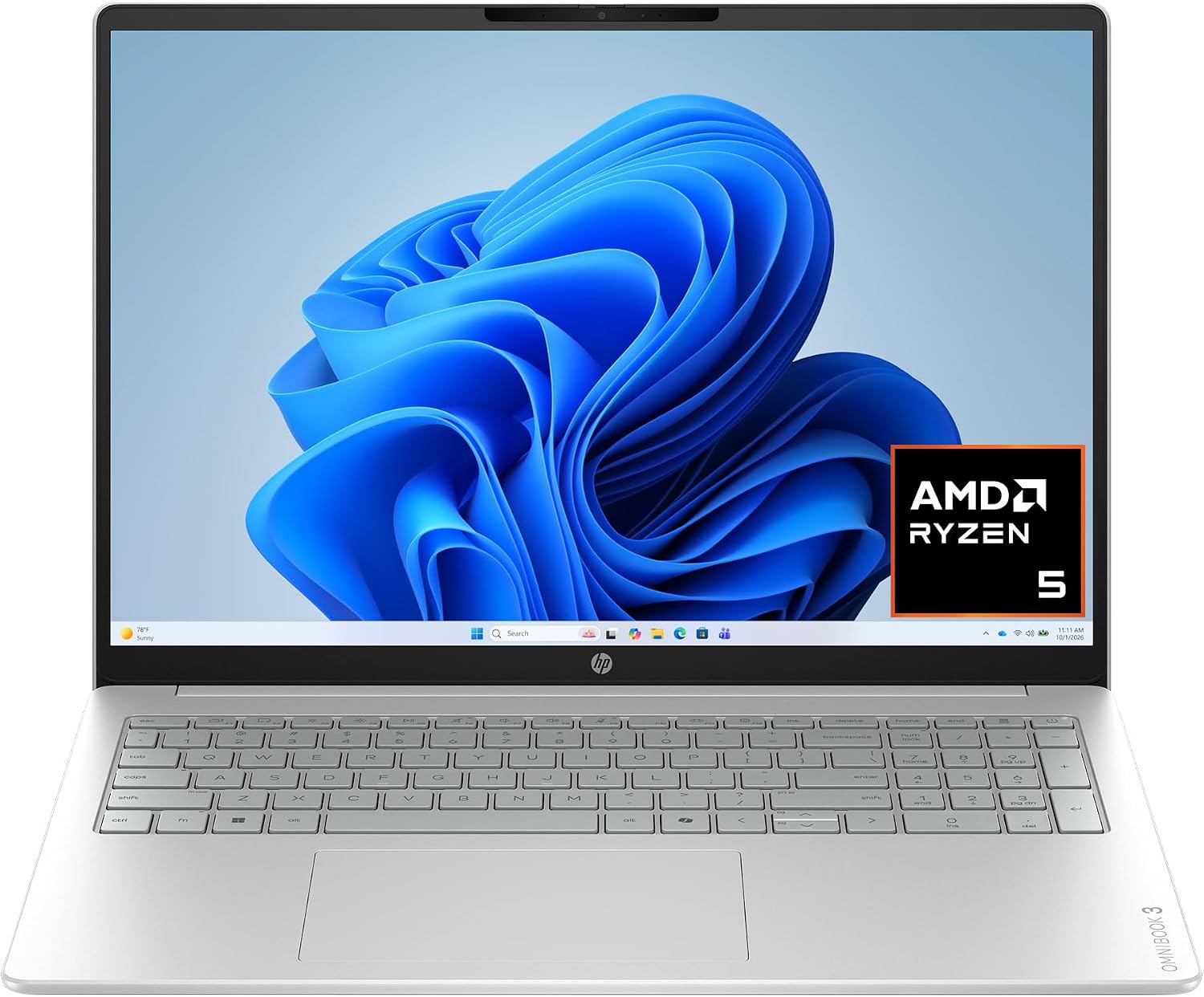 HP OmniBook 3 16 inch Laptop PC, 2K Touchscreen, AMD Ryzen 5 40, 8 GB RAM, 512 GB SSD, AMD Radeon 610M GPU, Windows 11 Home, Glacier Silver, 16-by0499nr