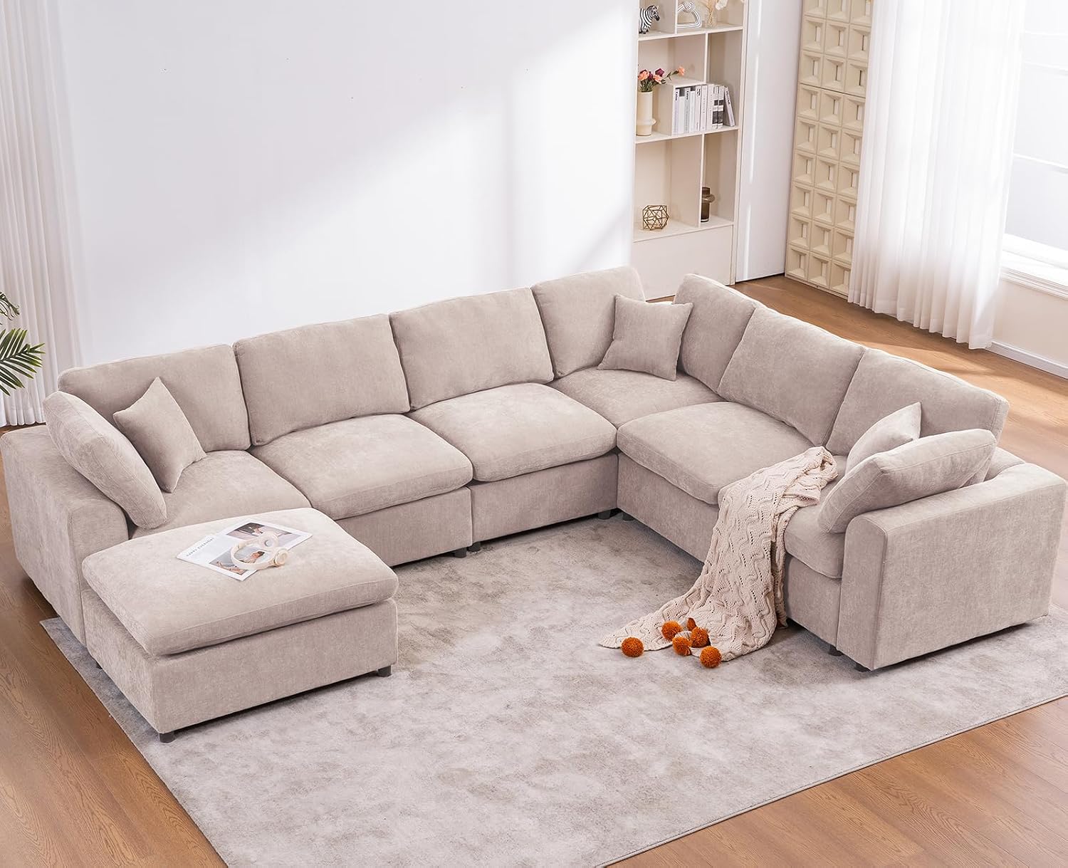 Oversized Modular Sectional Sofa Couch, Large 7 Seater Corner Sofa Modern U Shaped Sectional Couch with Ottoman Cloud Couches for Living Room, Office, Spacious Space, Beige – Chenille