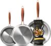 CAROTE 3-Piece Tri-Ply Stainless Steel Frying Pan Set, Skillet Set 8″/10″/12″, Induction Compatible, Oven & Dishwasher Safe, Gold Handle, Mothers Day Gifts