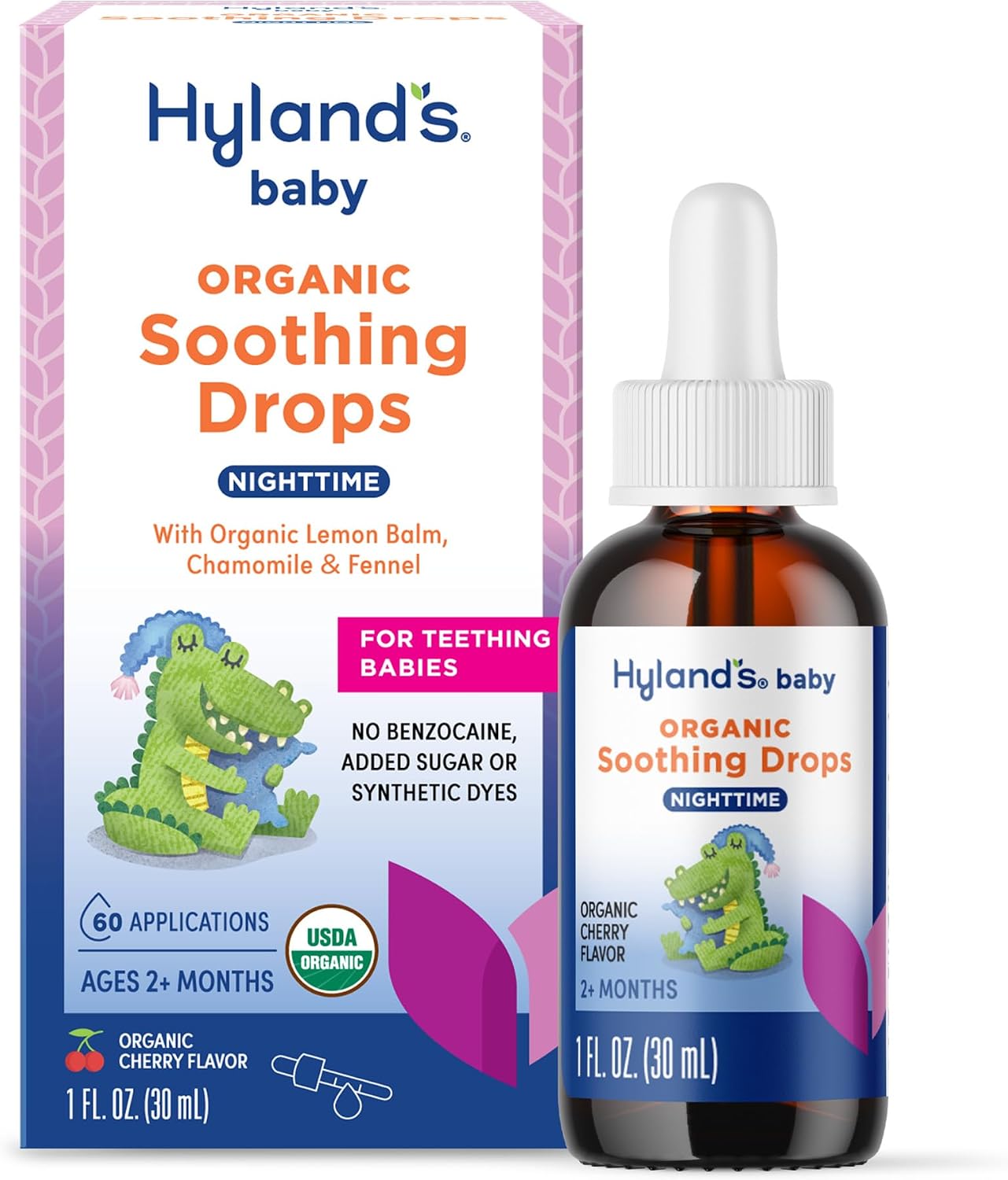 Hyland’s Nighttime Baby Drops – 1 oz, Organic Cherry Flavor – Soothing Oral Discomfort Relief Drops for Teething Babies