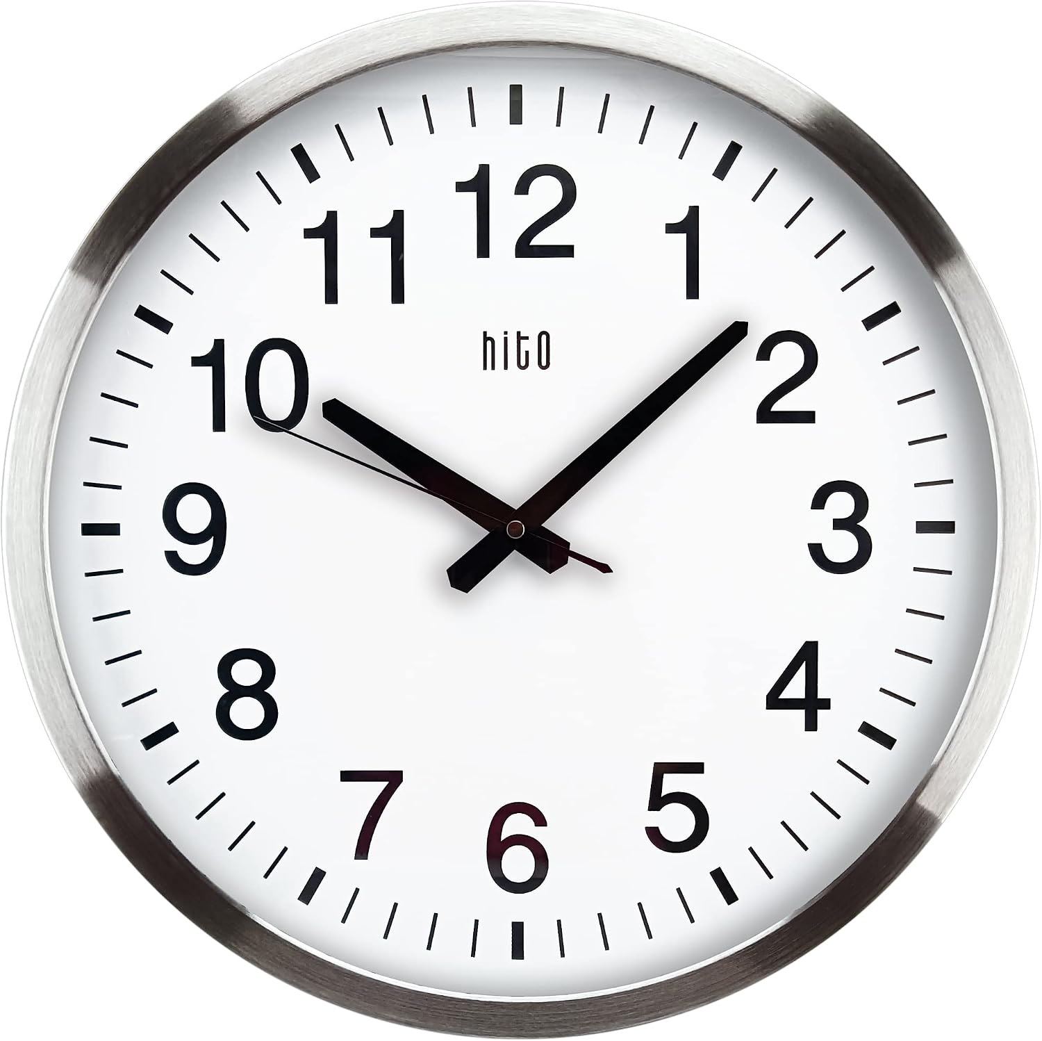 HITO 16″ Silent Wall Clock Battery Operated Non Ticking Sweep Movement Glass Cover Silver Aluminum Frame, for Kitchen, Bedroom, Home Office, Living Room Decor