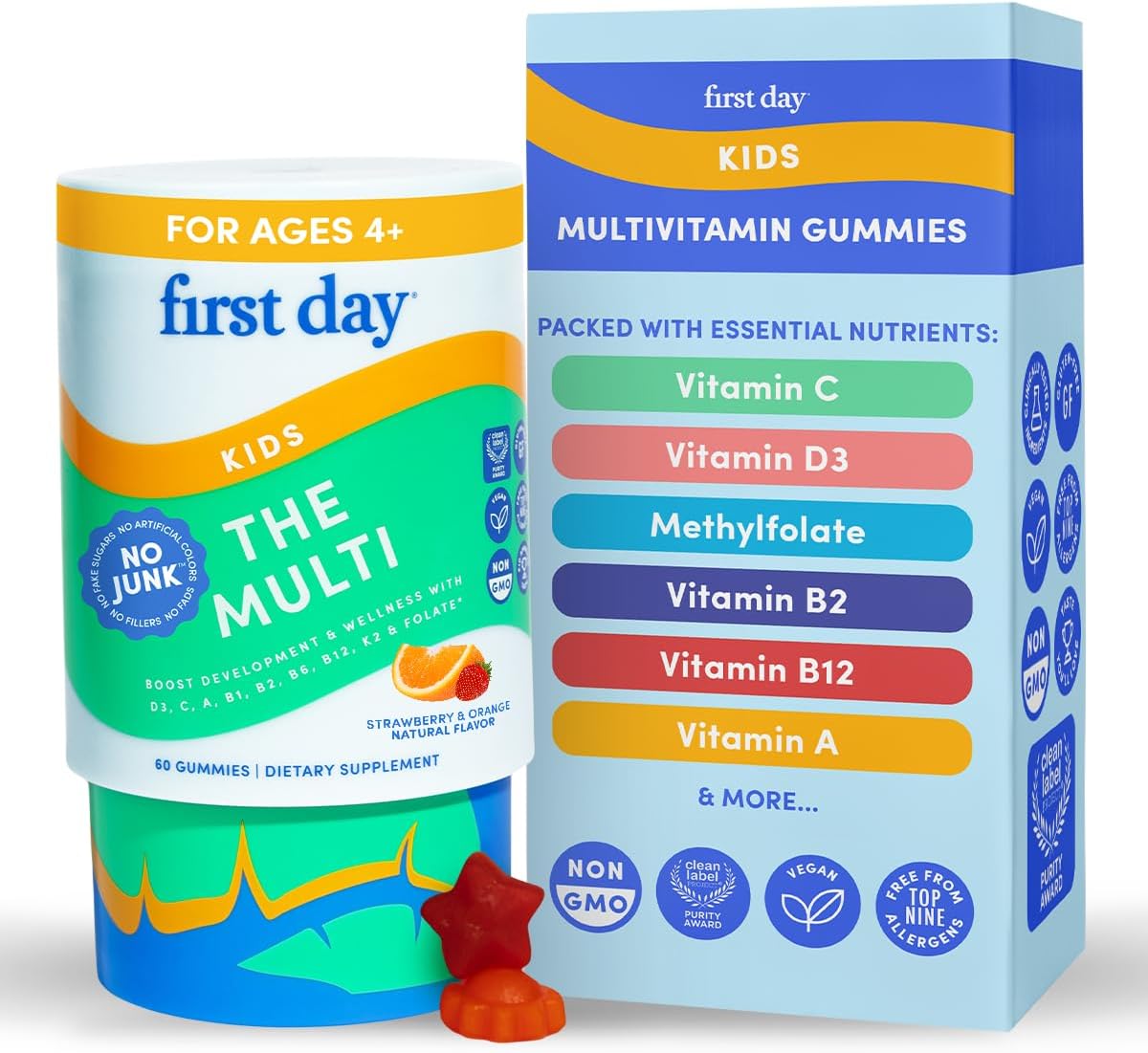 First Day Kids Multivitamin Gummies Age 4+, Strawberry & Orange – Kids Vitamins Multivitamin Gummy A C D3 K2 B1 B2 B6 B12 Folate, Immunity & Brain Function, Vegan – 30 Day Supply, Packaging May Vary