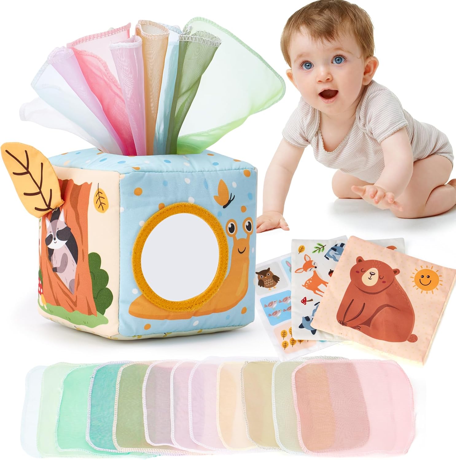 hahaland Baby Tissue Box Toy – Baby Toys 6-12 Months Montessori Toys for 6 Month Old Must Haves – Babies Boy Girl Gifts 6 7 8 9 10 12 Month Old Sensory Pulling Play Scarf Toys 1 Year Old Birthday Gift