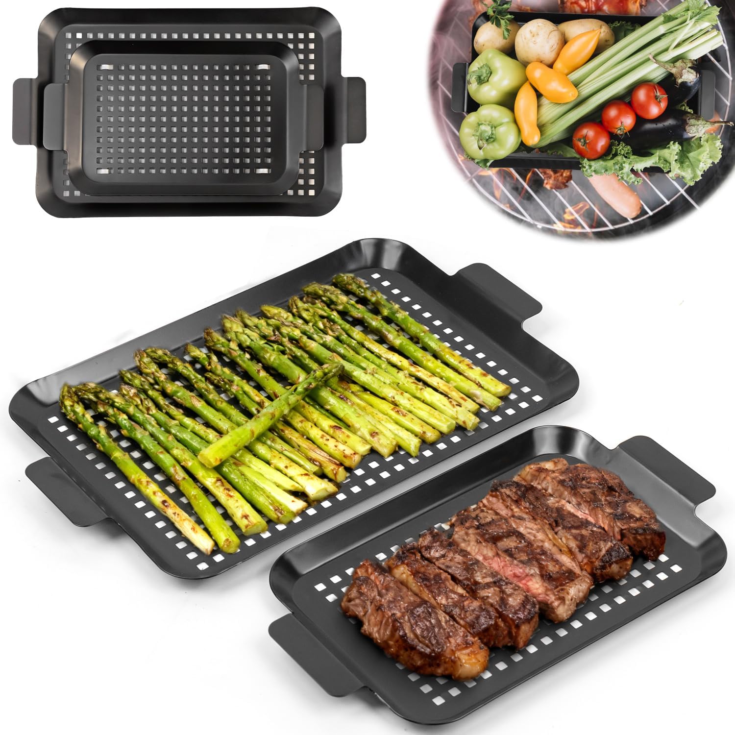 2PCS Grill pan: Grill topper for outdoor grill – Non-stick enamel coating grill topper suitable for camping, picnic, party