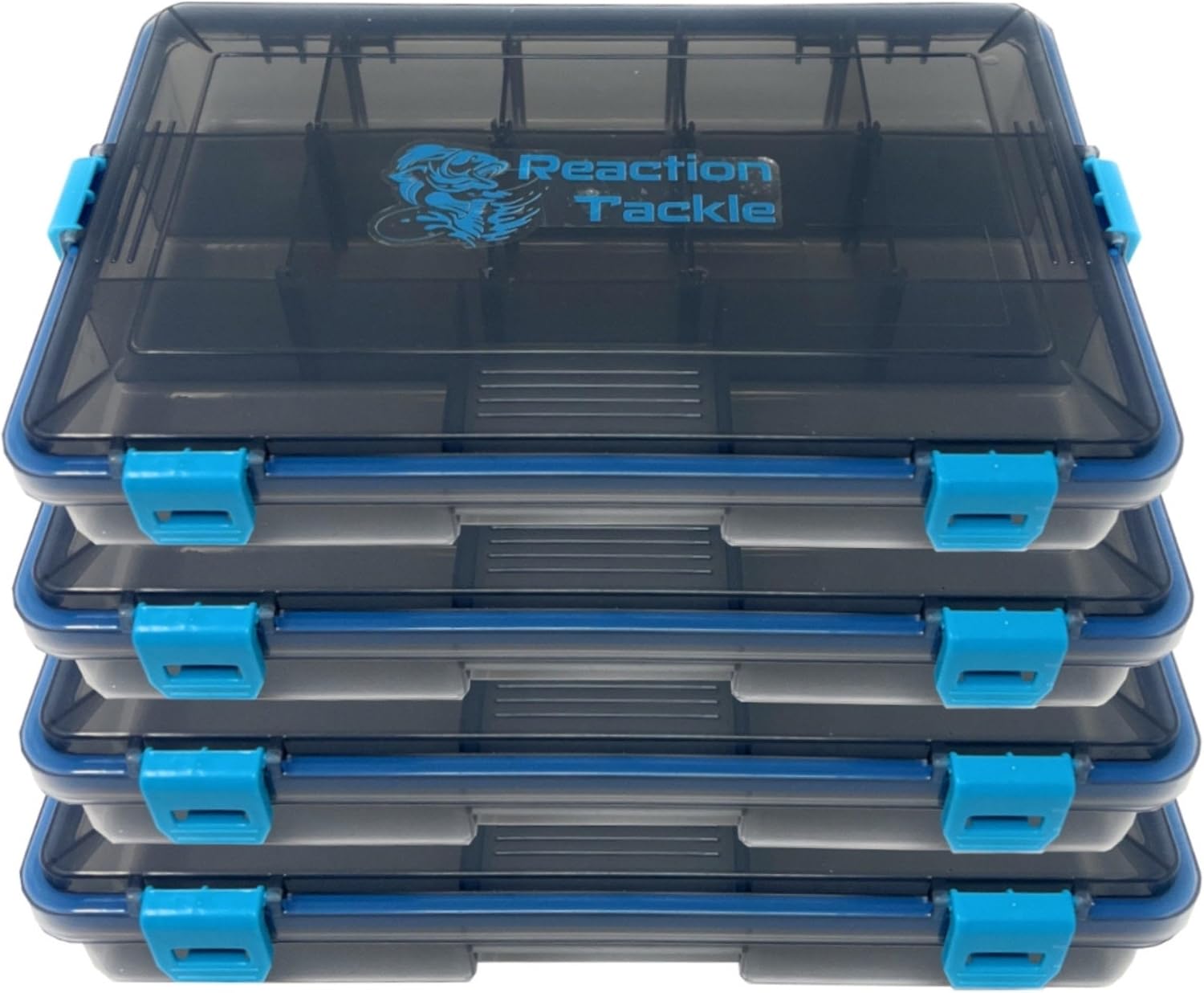 Reaction Tackle Standard Tackle Trays, Plastic Tackle Box Organizers with Four Secure Latches, Removable Dividers and Semi Transparent Lid for Fishing Storage – 3600 (4-Pack)