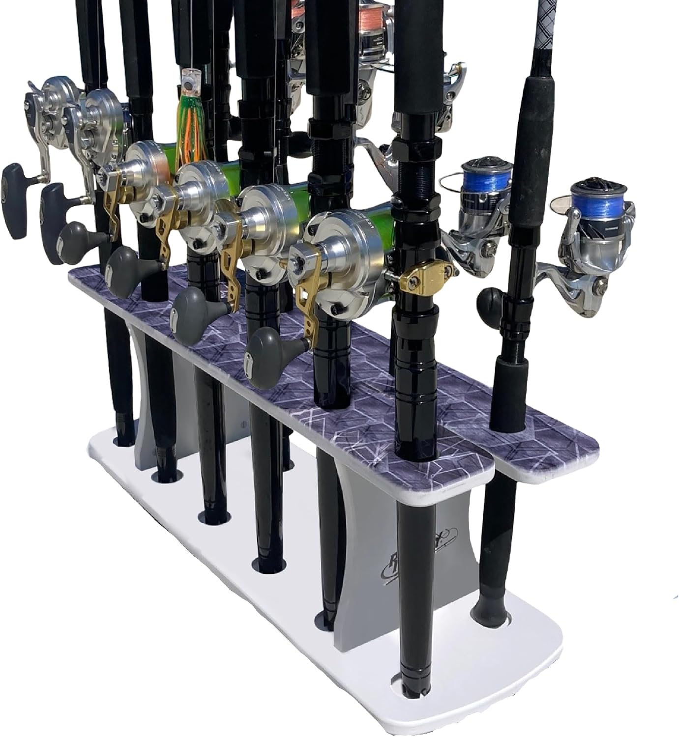 Rush Creek Creations Reel Salty Gray/White/Blue 11-Rod Marine Grade Fishing Rod Holder – Bi-Level Design, UV-Resistant, 100% Waterproof for Garage and Dock