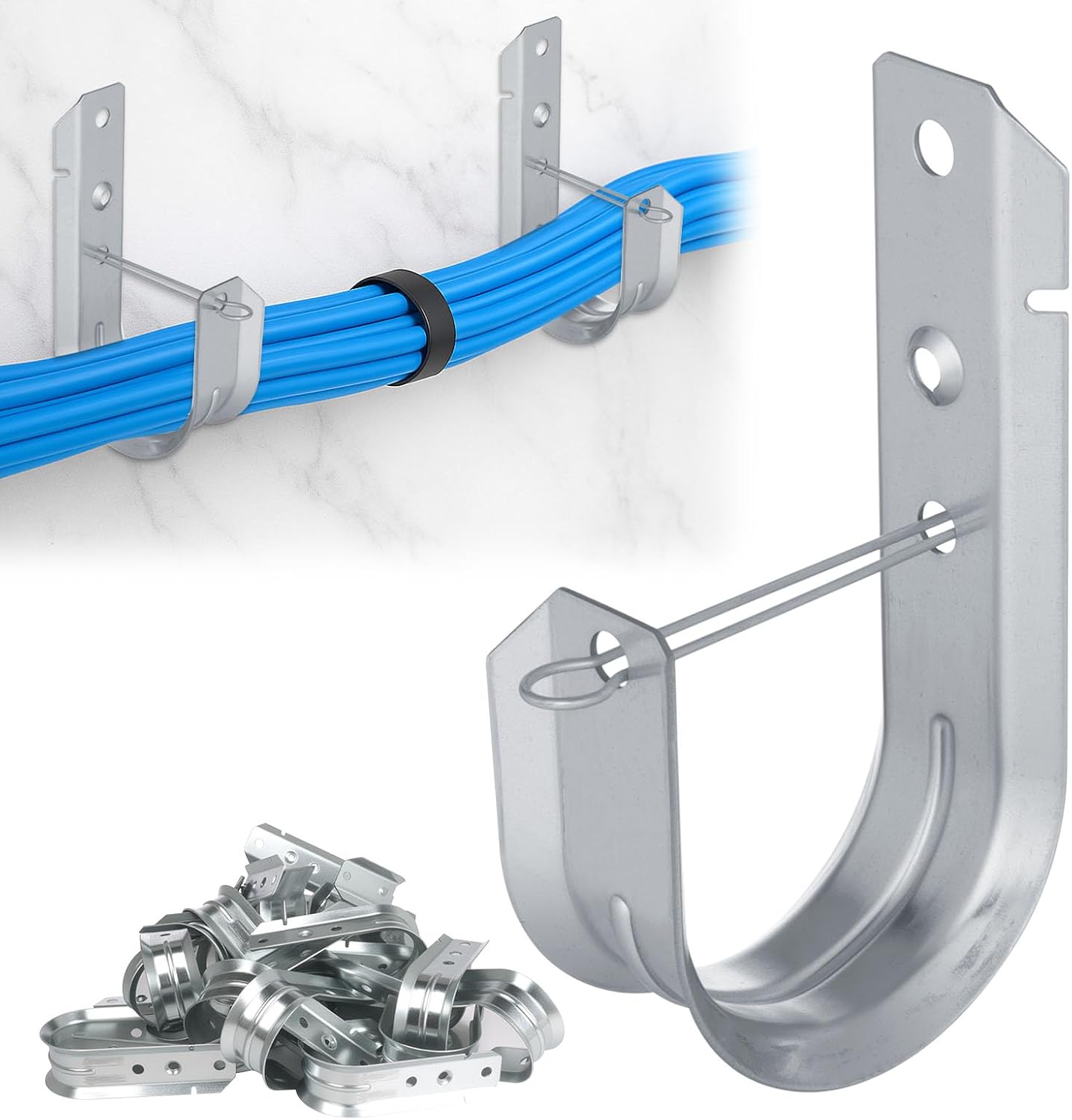 2″ Galvanized Steel J-Hooks, Heavy Duty Wall Mount Cable Support J Hook with Retainer Clip for Cable Management (50 PCS)