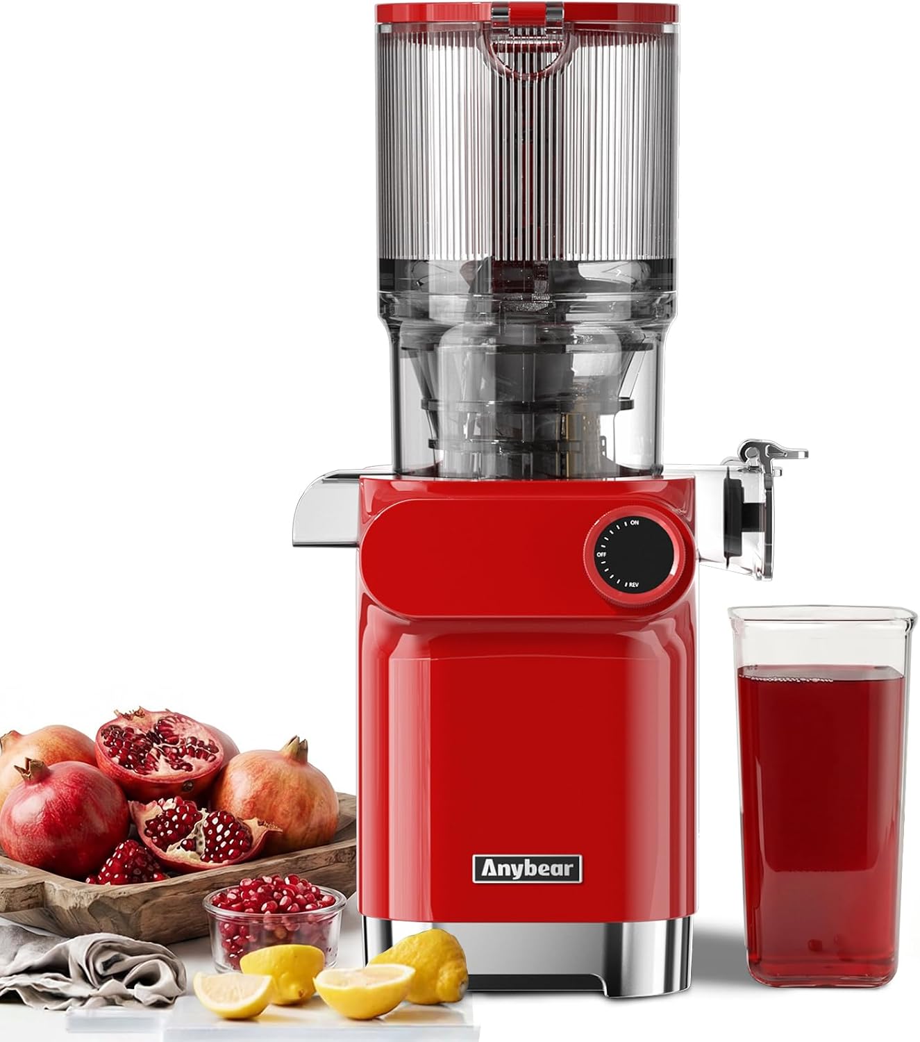 Anybear Cold Press Juicer 200W Masticating Slow Juicer 4.3″ Large Feed Chute Fit Whole Fruits Vegetables | Upgraded Auger | Tritan Material | BPA Free | Juice Recipes (Red)