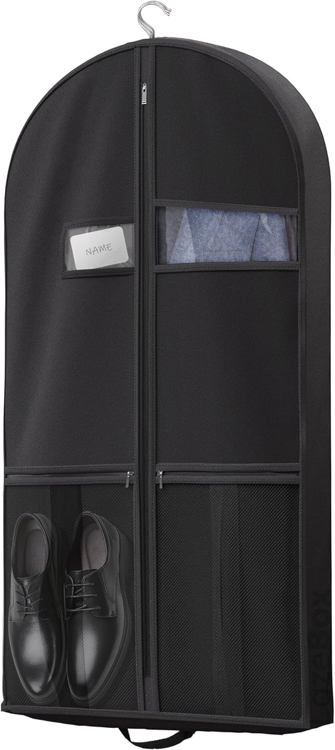 Lazebox 43″ Travel Garment Bag with Accessories Zipper Pocket, Heavy Duty Suit Bag for Suits, Tuxedos, Dresses, Coats, Black, 1 pack