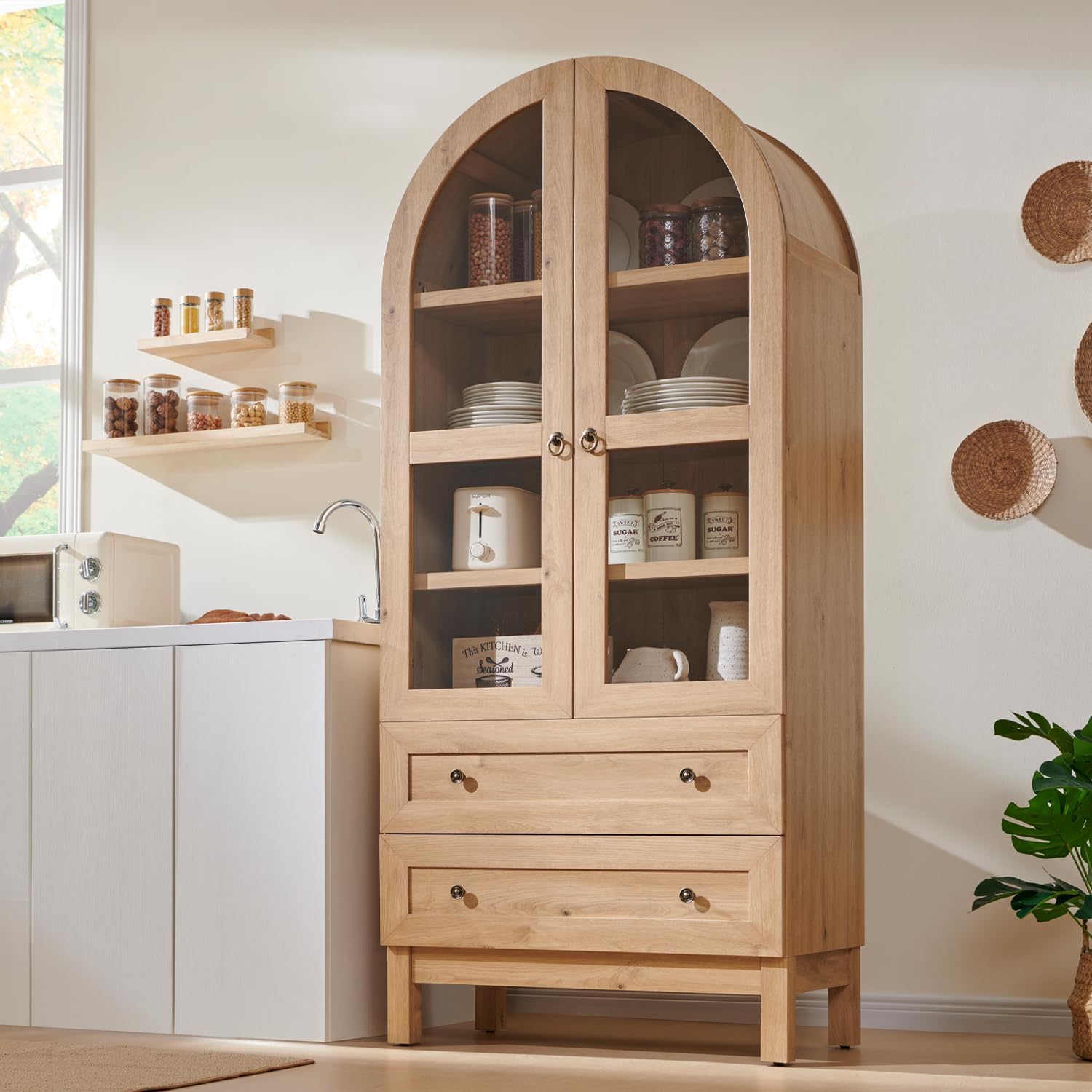 IFGET 71″ Tall Arched Kitchen Pantry, Modern Farmhouse Wood Kitchens Storage Cabinets with 2 Large Drawers and Adjustable Shelves, Versatile Cupboard for Kitchen, Dining Room, Bathroom, Natrual