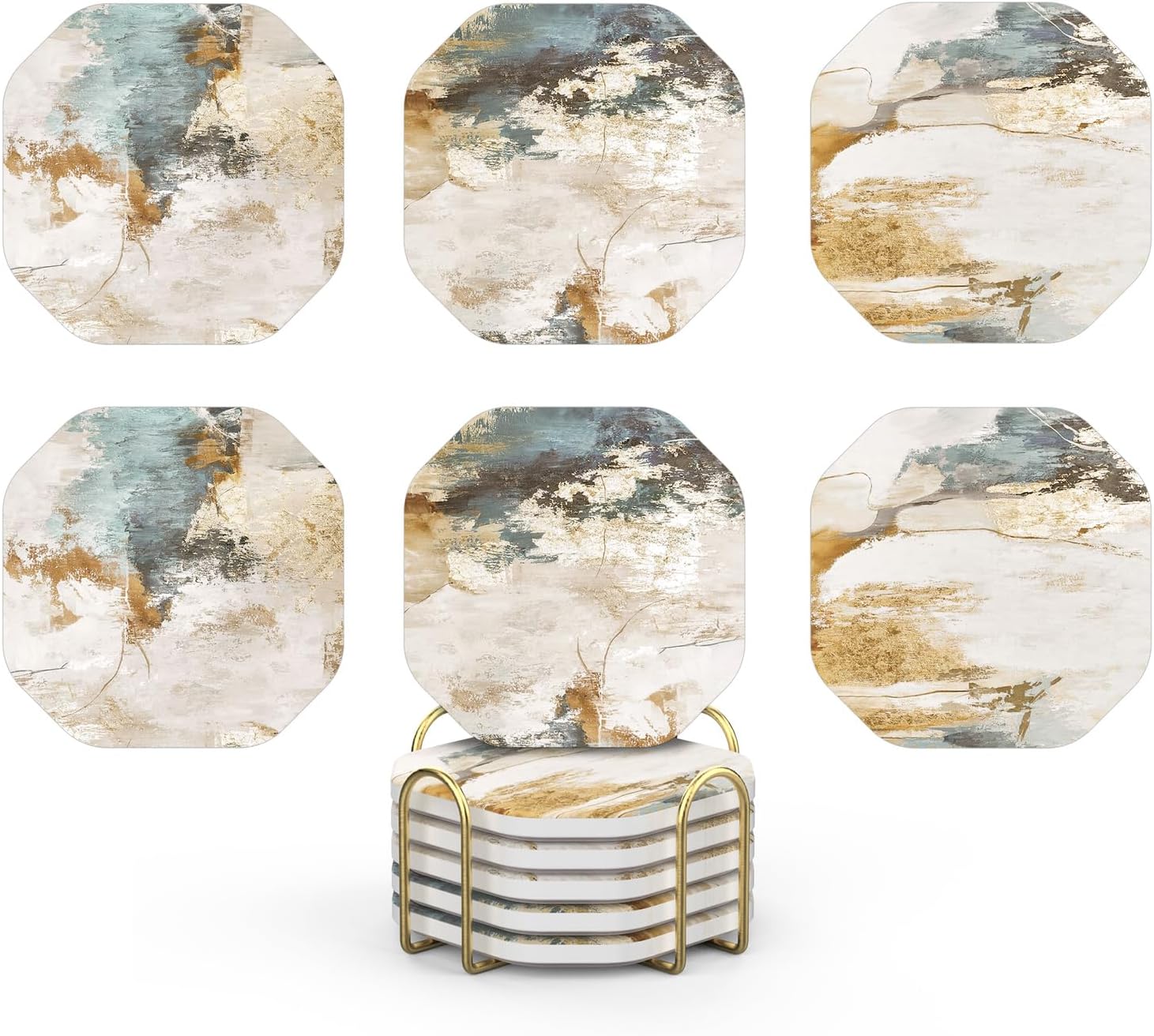 UMIRRO Ceramic Stone Coasters for Drinks Absorbent with Holder for Wooden Coffee Table Decor, Stoneware Cup Coasters for Iced Cold or Hot Drinks, Rustic Retro Boho Style, Gold, 4″ Set of 6