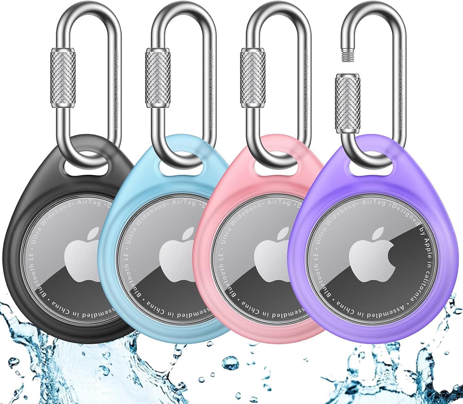 UNBREAKcable AirTag Holder for Apple – 4 Pack Air Tag Case [Professional Carabiner] [Waterproof] [Shockproof] TPU AirTag Keychain for Kids, Pets, Keys, Luggage, Backpacks