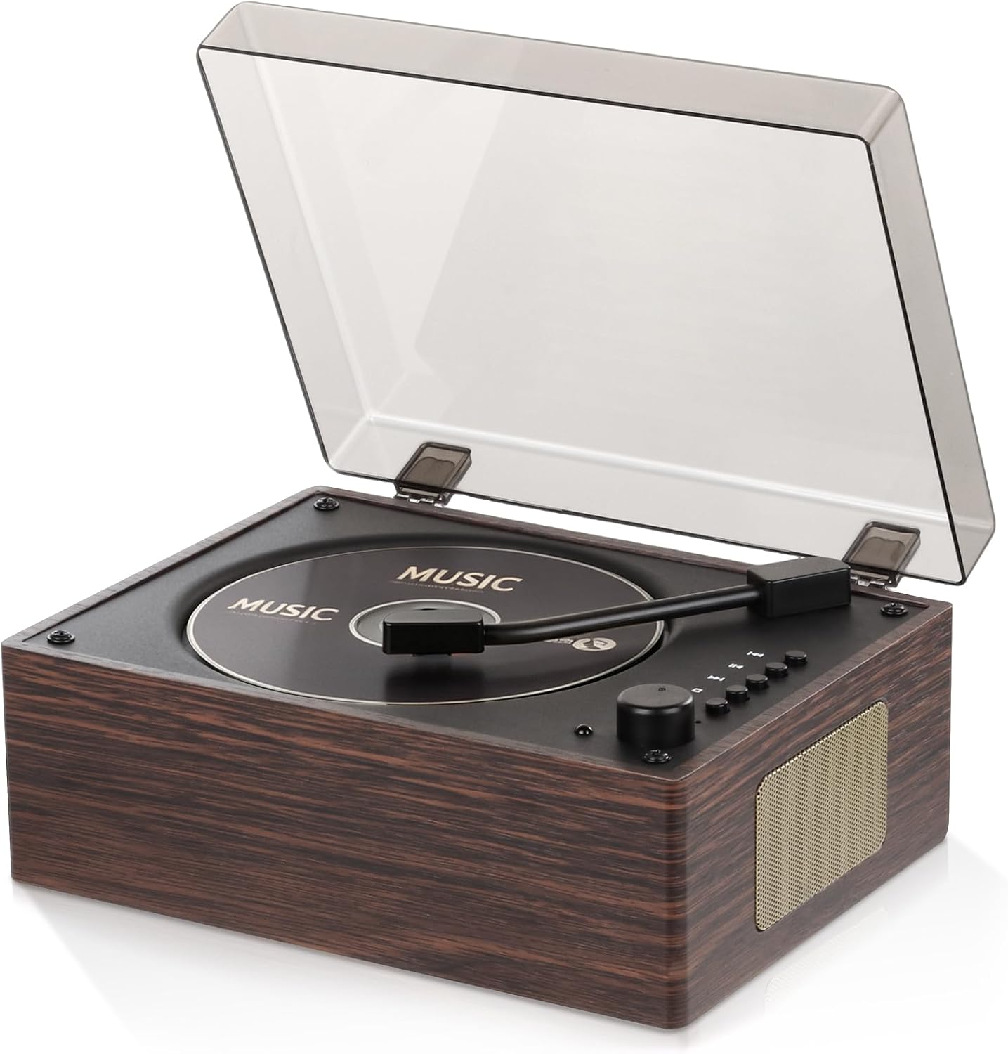 CD Player Bluetooth 5.3, Dual HI-FI Speakers, Desktop Music Player, Remote Control, 3.5mm Headphone Jack, USB AUX Input, Multi-Format, Walnut Wood Grain, 2-Year Warranty