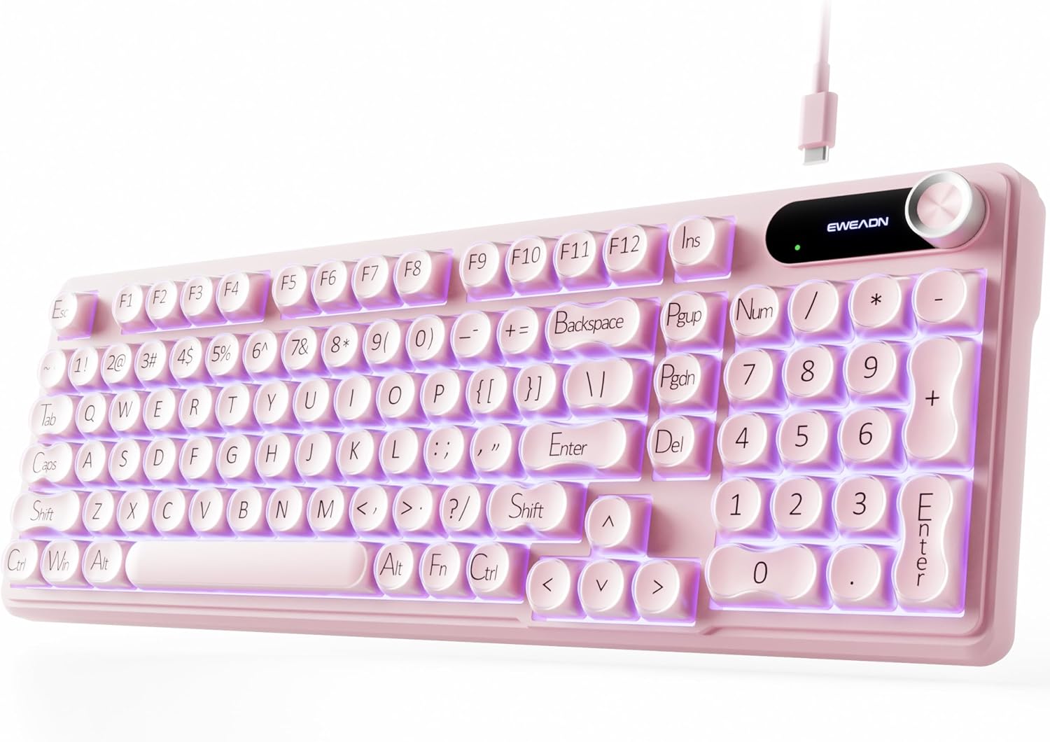 EWEADN V102 Wired Keyboard, 98 Keys Creamy Gaming Keyboard with Number Pad, Display Screen & Media Knob RGB Silent Wired Cute Computer Keyboard for Laptop PC Gamer – Pink