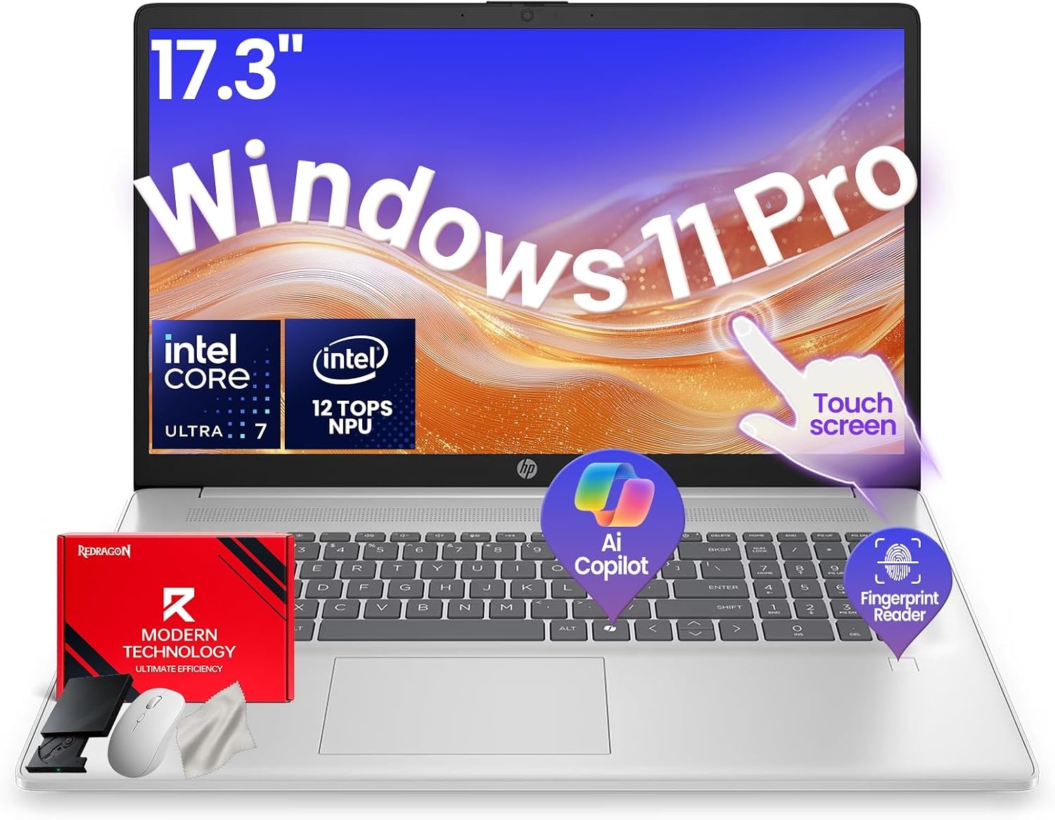 HP 17-inch Touchscreen AI Laptop – Intel 12-Core Ultra 7 255U (UP to 5.2GHz) with 12 Tops NPU, 32GB DDR5, 1TB SSD, 17.3″ HD+ Touch Display, Fingerprint Reader, Backlit KB, Win 11 Pro/Accessories