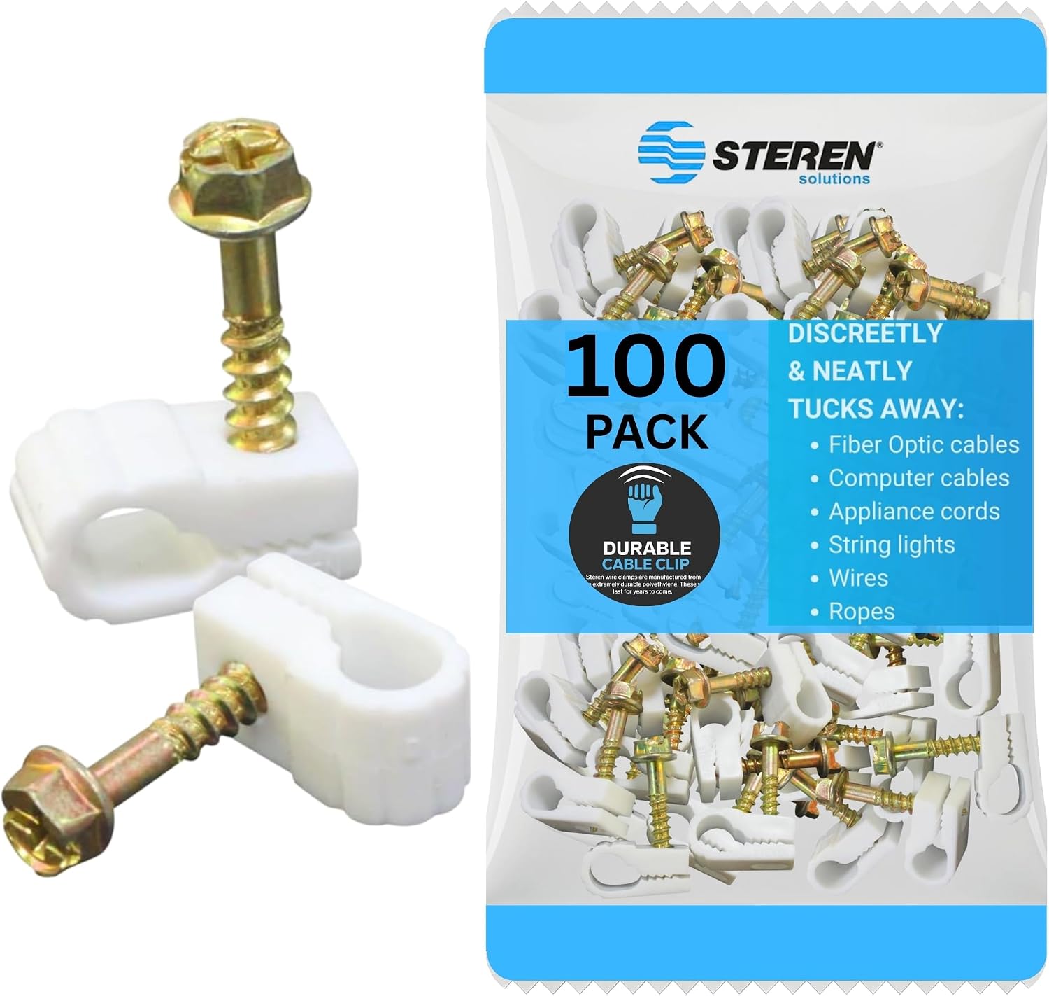 STEREN Coaxial Cable Clips – Cable Holder – Wire Clips – Siding Clips for Hanging – Cord Holder for Desk – Cable Clamps (White, 100 Count – Single Screw)