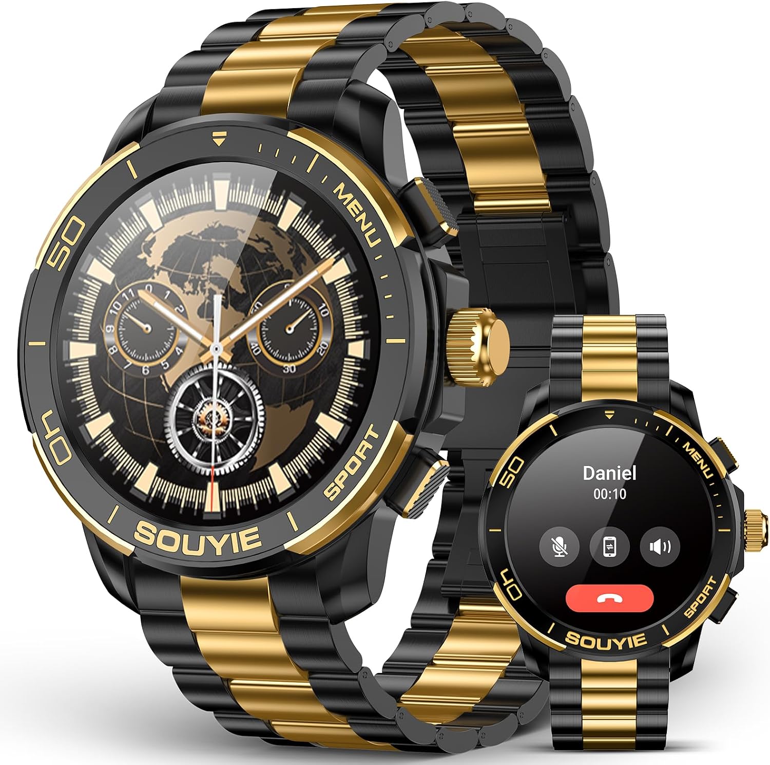 SOUYIE SW-7 Lux Smart Watch for Men, High-Gloss Ceramic Bezel & Two-Tone Steel, 1.43″ AMOLED Display, AI GPT Voice Assistant, Bluetooth Calls, Health Monitor, 100+ Sports Modes, Compatible iOS Android