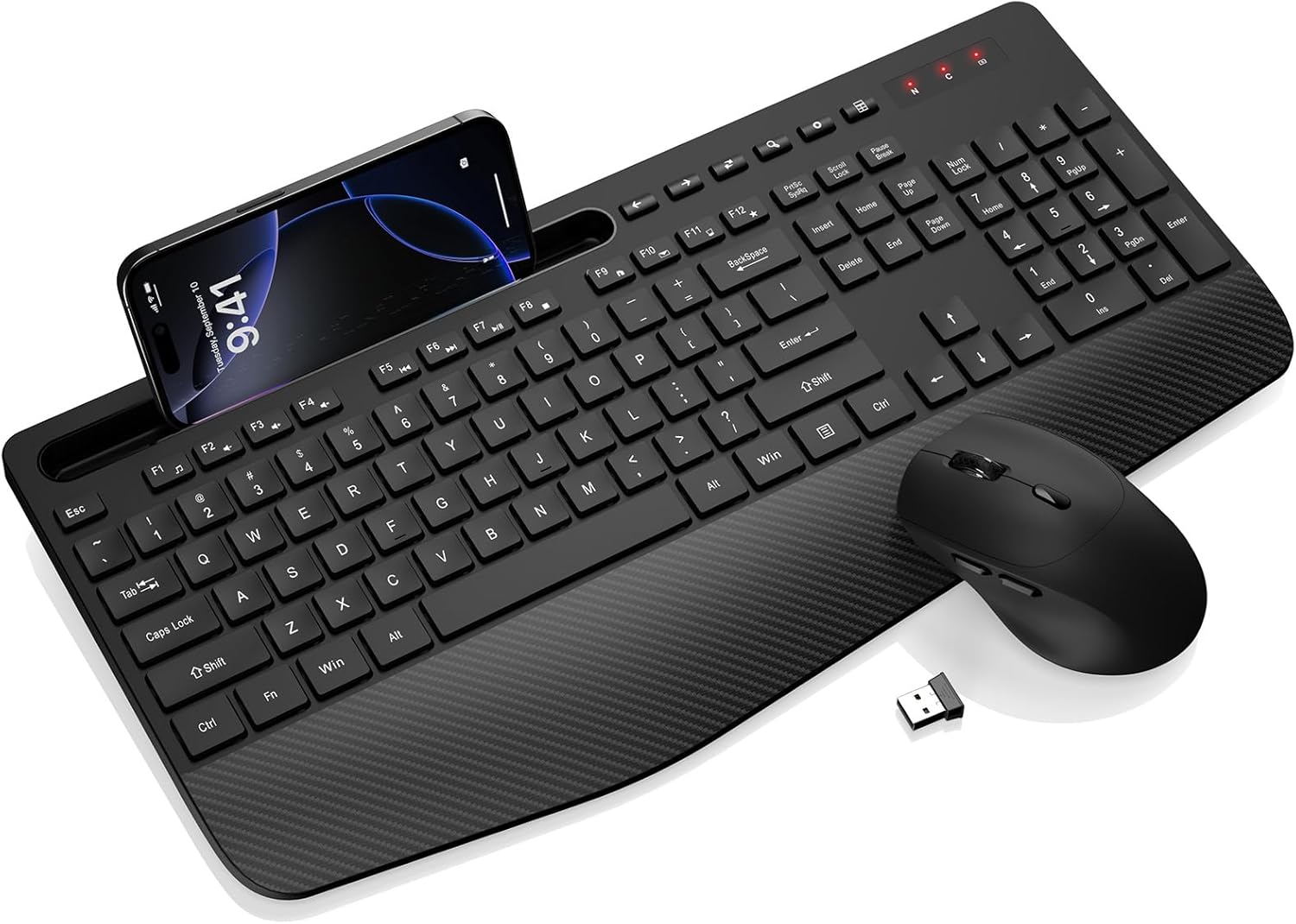 Wireless Keyboard and Mouse Combo – Full-Sized Ergonomic Keyboard with Wrist Rest, Phone Holder, Sleep Mode, 2.4G Quiet Keyboard for PC Laptop, Complete Work Setup for Office or Home -Trueque KM23