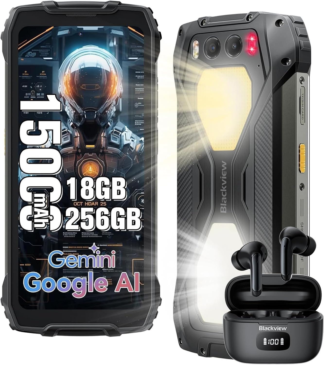 Blackview BV7300 Rugged Phone, 15000mAh/45W, Dual 800LM Camping Light, Night Vision Camera, 18GB+256GB/2TB Rugged Smartphone Unlocked Gemini AI, 50MP+32MP+20MP, 6.67″ 90Hz, Android 14/Glove Mode/NFC