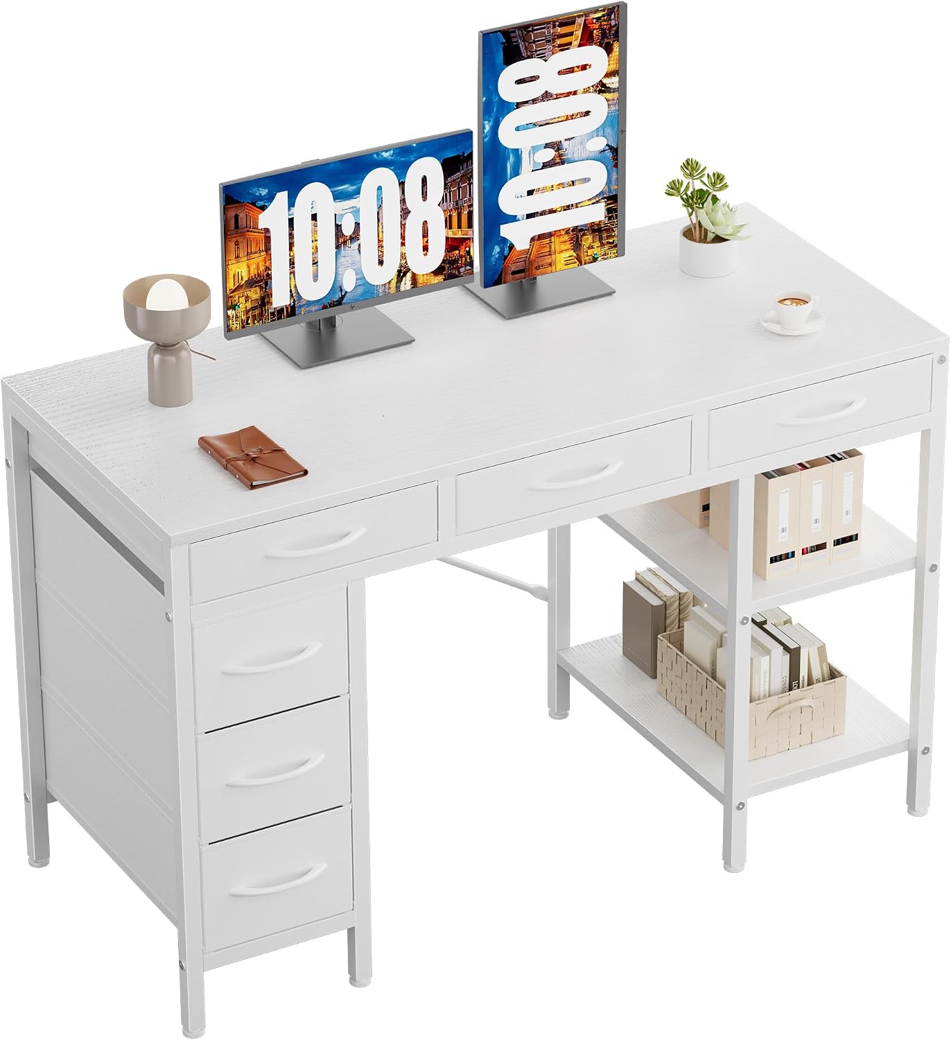 Sweetcrispy 47″ Computer Desk with 6 Drawers, Home Office Gaming Desks with Storage Shelves for Bedroom, Writing Study Corner Living Room Work Table White