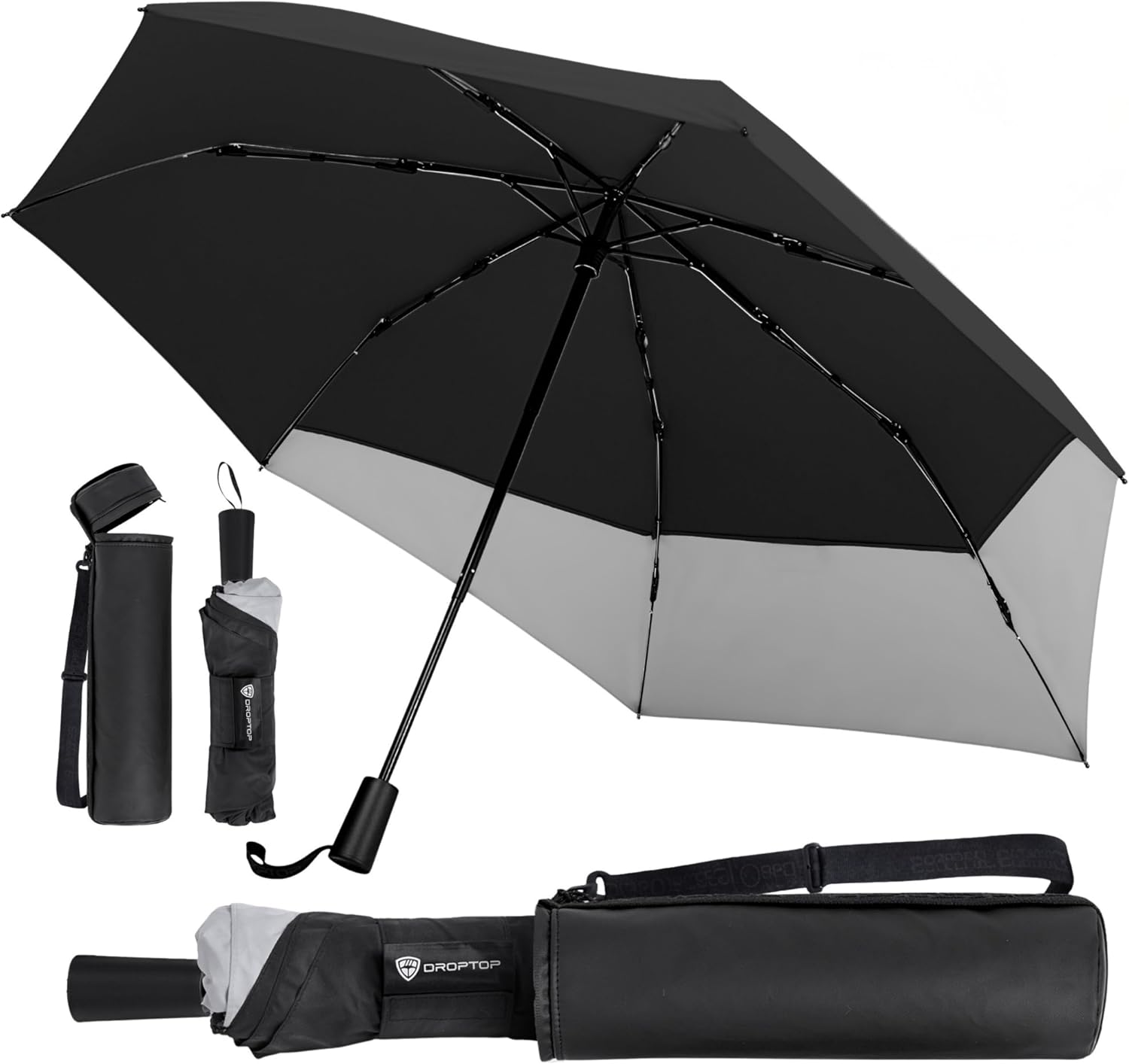 DROPTOP Umbrella Travel Size – Windproof Travel Umbrella Compact | Portable Umbrella with Case & Strap, 46″ Full Coverage for Self & Gear, Collapses to 11.5″, PFAS-Free, Fiberglass Ribs