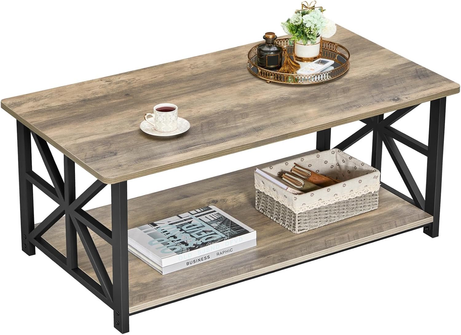 GreenForest Round Corners Coffee Table for Living Room | Rustic Style Center Table with Storage Shelf,39 Inch Space Saving Sofa Table,Easy Assembly,Gray Wash