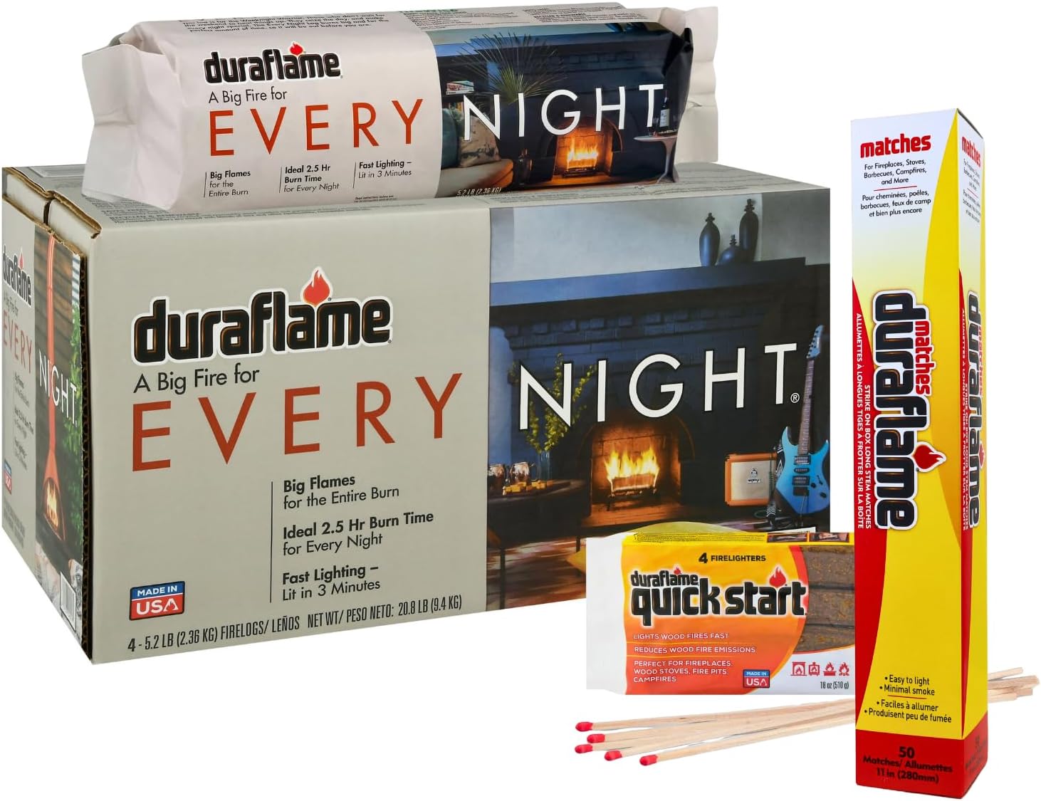 Duraflame Firelogs Bundle – Firelogs with Quickstart & Long Stick Matches – Easy-to-Light, Long-Lasting, Clean-Burning Indoor/Outdoor Logs (Everynight 5.2lb 2.5 Hour)