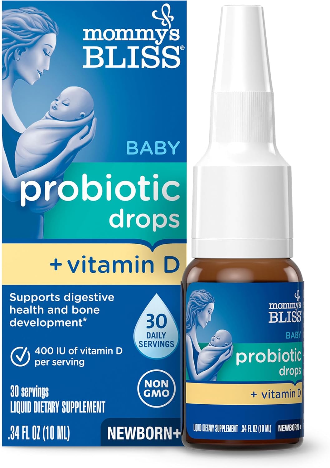 Mommy’s Bliss Baby Probiotics + Vitamin D Drops, Supports Digestive Health & Immune Function*, 400IU Vitamin D , Supports Bone Development*, Newborns+, Flavorless, 0.34 Fl Oz (30 Servings)