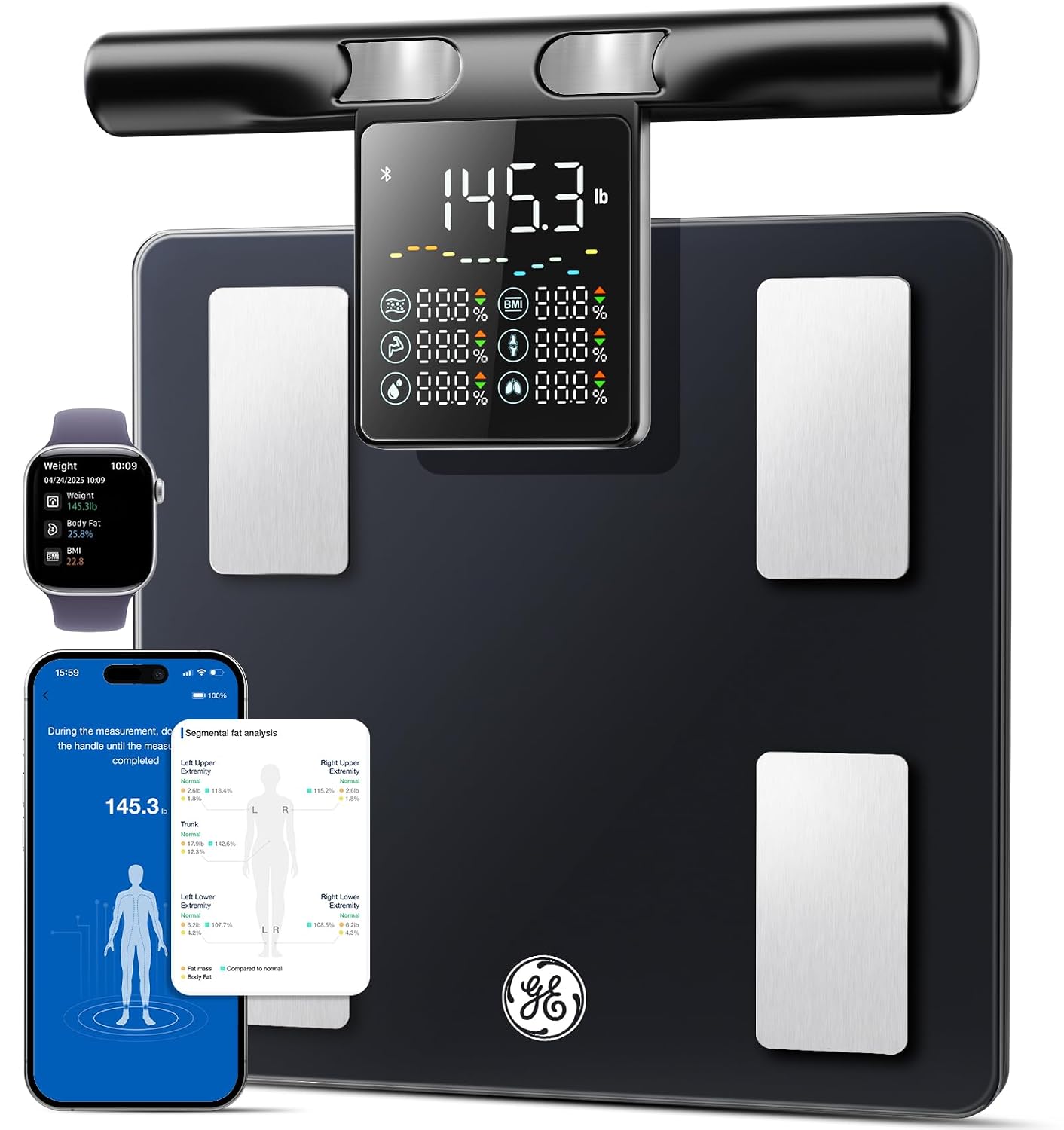 GE Smart Scale for Body Weight: 8-Electrode Full Body Composition Analysis with BMI, Body Fat, Muscle Mass, Digital Bathroom Scale with Large Handle Display, Bluetooth App Sync, Black