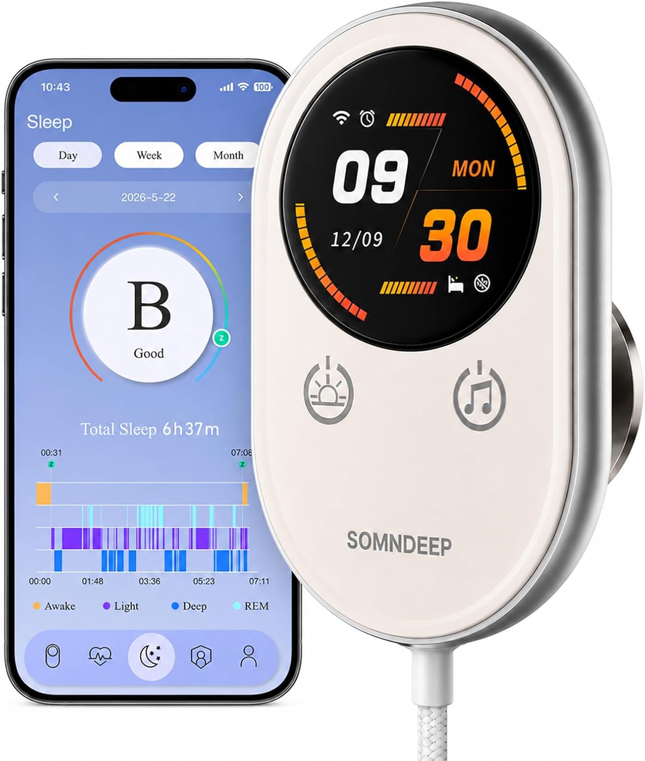 Contactless Smart Sleep Tracker, Non-Wearable Sleep Monitor Wellness Device for Sleep Quality, Heart Rate, Breathing Pattern & Nighttime Movement Trends, Bedside Radar Sleep Tracker for Adult