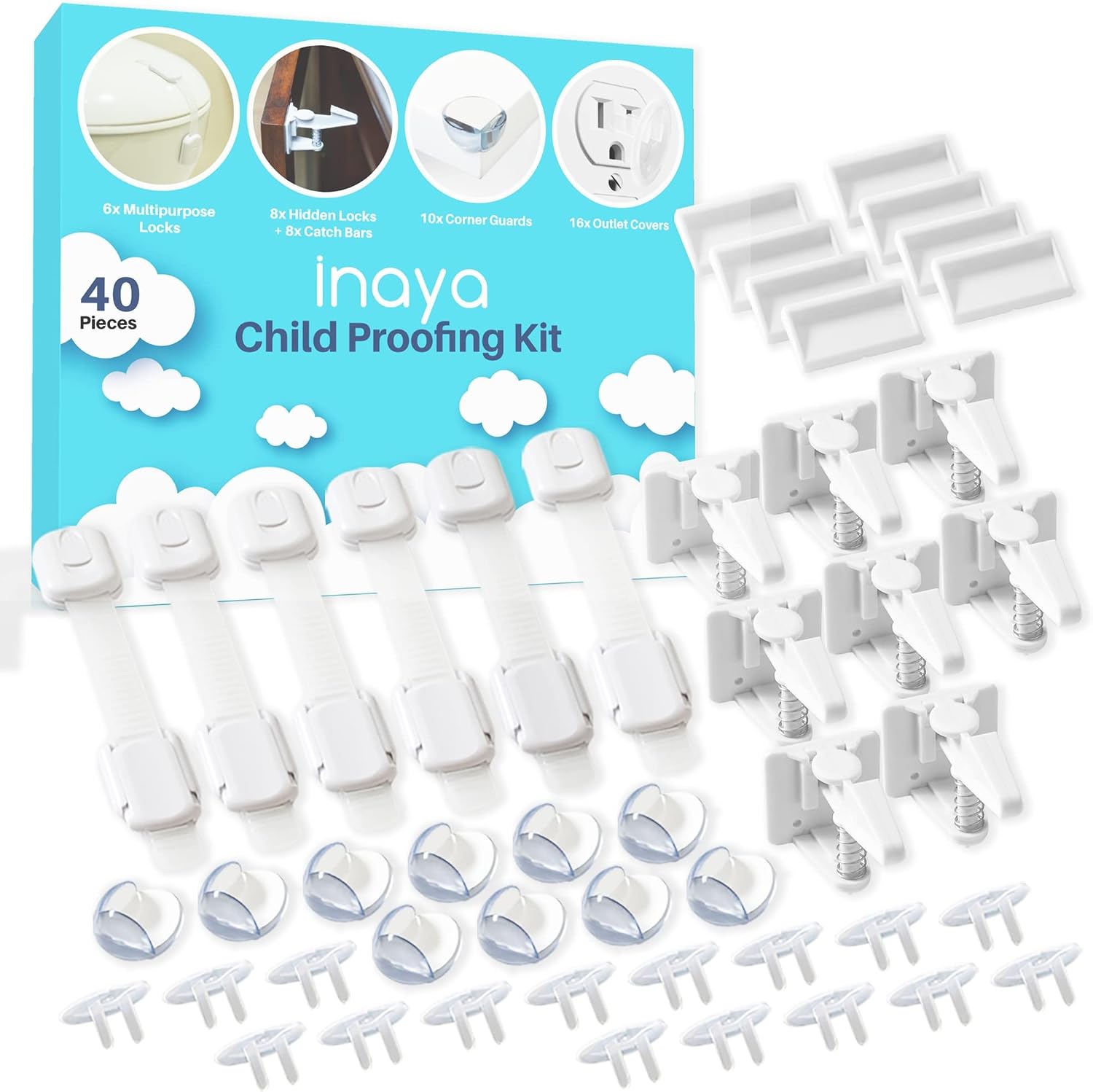 Inaya Complete Baby Proofing Kit – Child Safety Hidden Locks for Cabinets & Drawers, Adjustable Safety Latches, Corner Guards and Outlet Covers – Baby Proof Pack to Keep Your Child Safe at Home