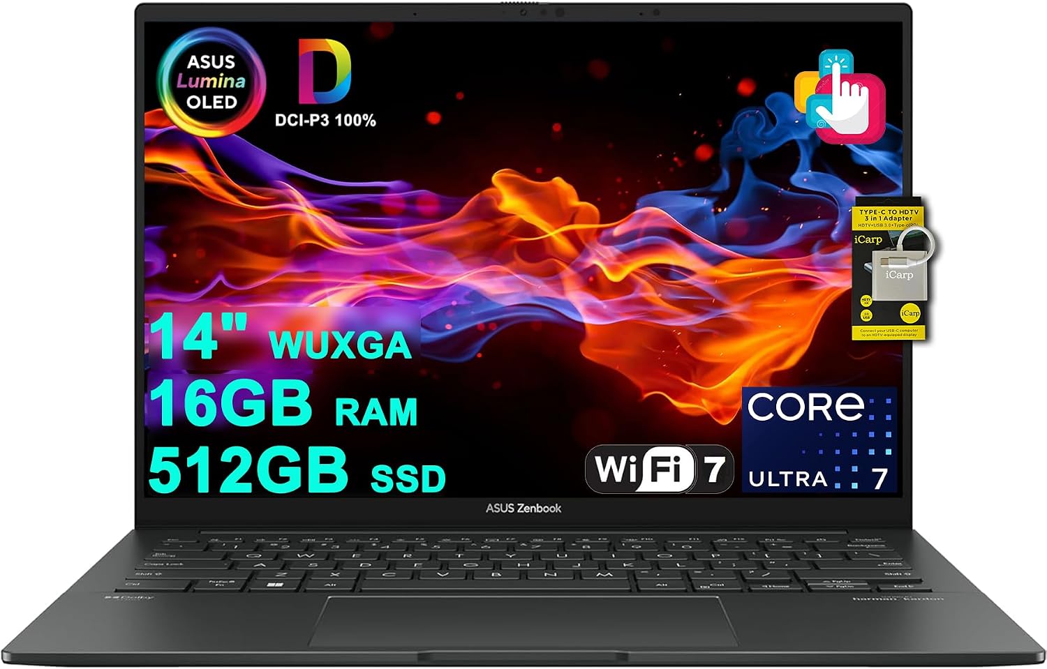 ASUS Zenbook 14 Creator Laptop 14″ WUXGA Lumina OLED Touch (500nits HDR, 100% DCI-P3) Intel 16-core Ultra 7 255H (Up to 13 Tops) 16GB RAM 512GB SSD for Business Work Win11 ICP Hub