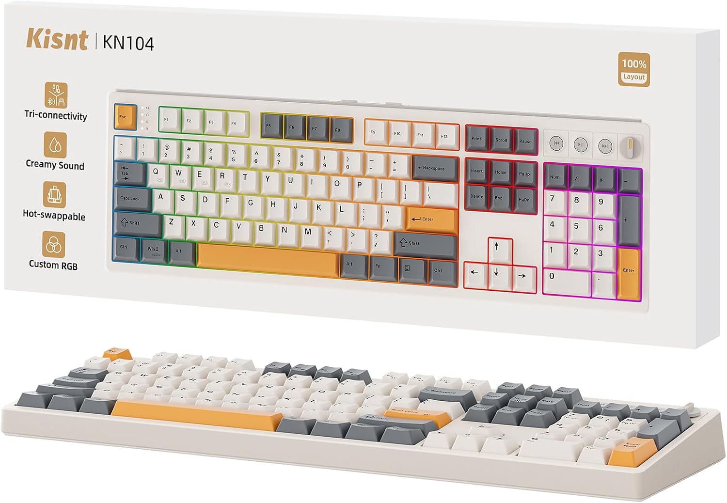Kisnt KN104 Wireless Mechanical Keyboard, 100% Full Size with Knob, Bluetooth/2.4GHz/USB-C, Custom RGB Backlit, Hot-Swappable Linear Switch, Creamy Sound for Gaming/Typing (Retro Beige)