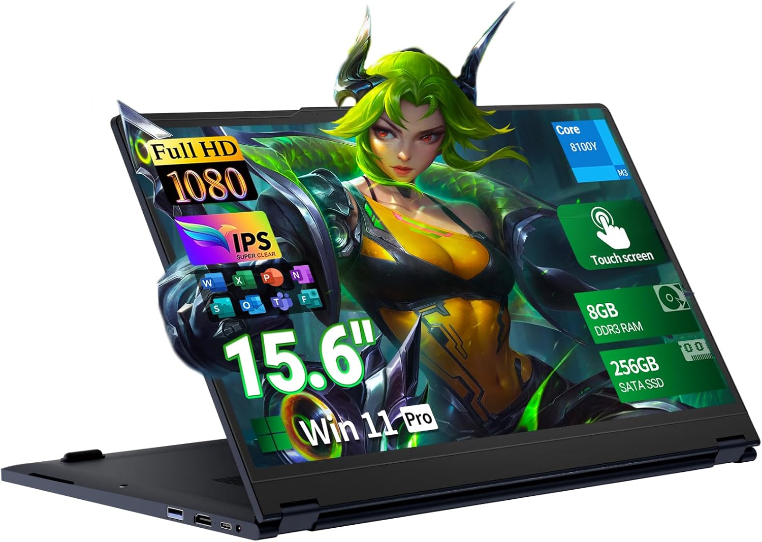 15.6 Inch 2-in-1 Touchscreen Laptop Computer, 8GB RAM 256GB SSD Core m3-8100Y Lap top, 360° Convertible Notebook Laptops with Win 11/Office, FHD Display, 360° Rotating Touch Screen, WiFi5/ BT5,HDMI