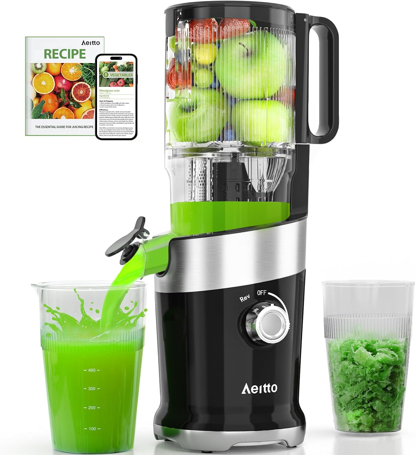 Aeitto Cold Press Juicer, Juicer Machines For Whole Fruits & Vegetables, Large Feed Chute, Slow Masticating Juicer, Easy to Clean with Brush, High Juice Yield,Self Feeding,Easy to Assemble