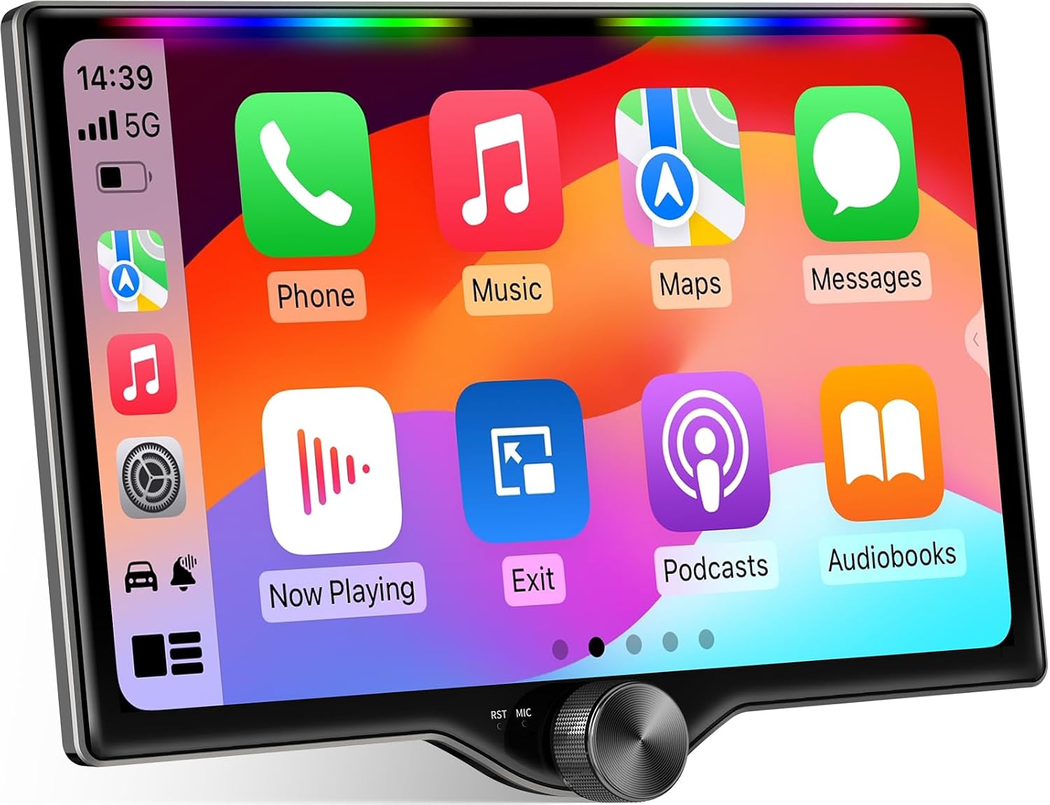 10.1″ QLED Double Din Car Stereo with Wireless Carplay & Android Auto, Music Sync Luminous Bar, SWC, Bluetooth, Backup Camera, 240W, Dual Subwoofer Output, Car Radio, Navigation, FM/AM