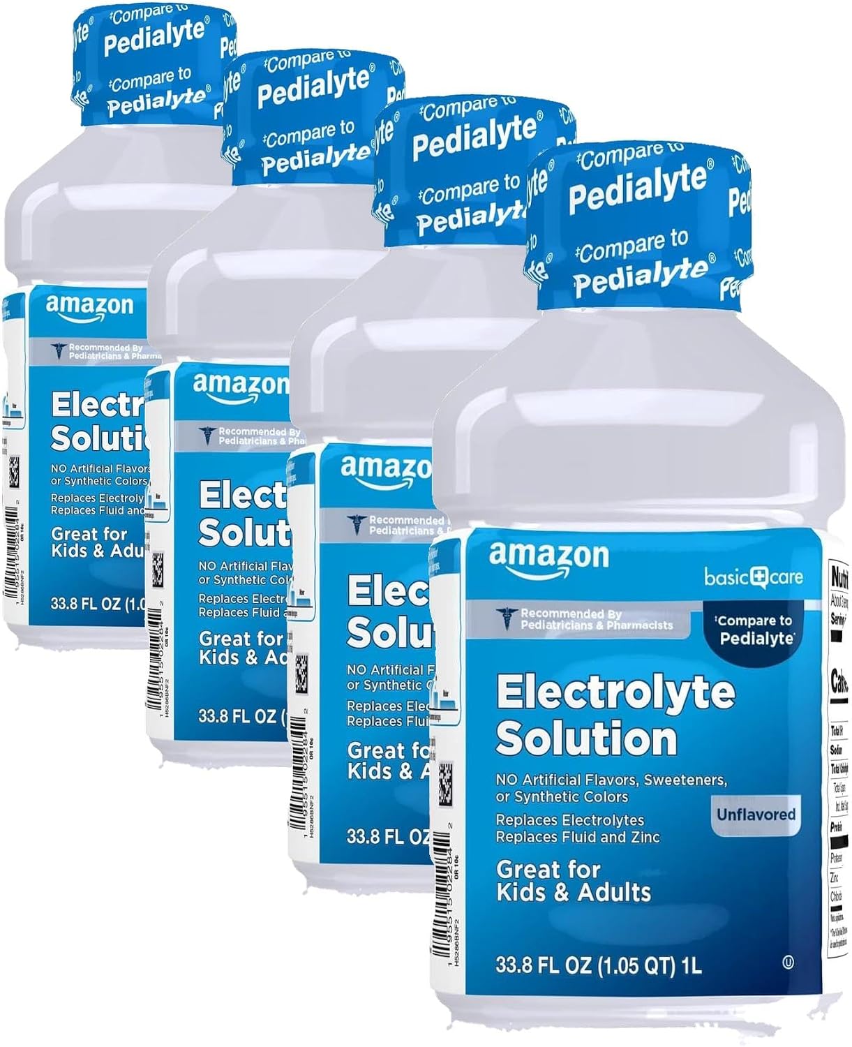 Amazon Basic Care Oral Electrolyte Solution with Zinc for Rehydration, Unflavored, No Artificial Flavors or Sweeteners, 33.8 fl oz (4-Pack)