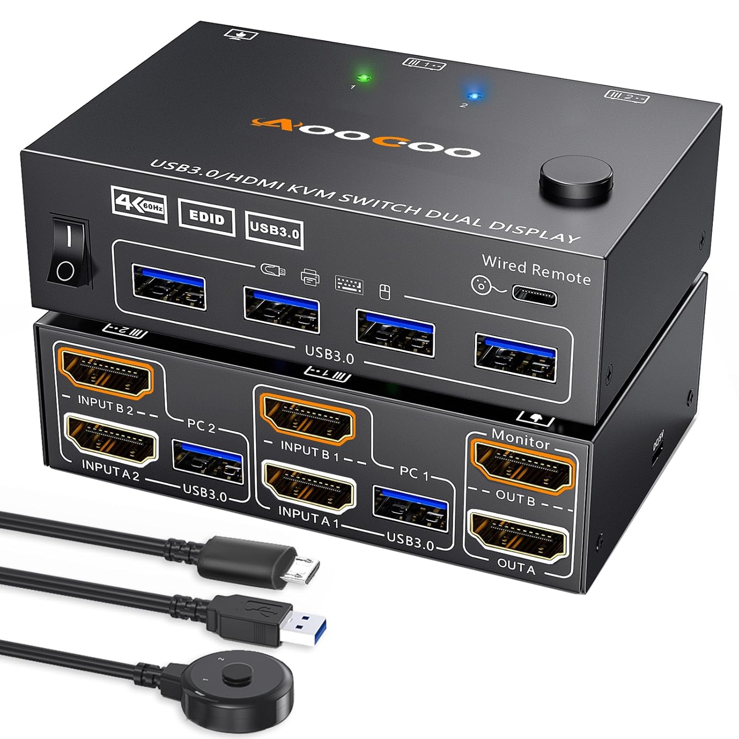 Dual Monitor HDMI KVM Switch 2PC 4K@60Hz Simulation EDID,HDMI USB 3.0 Switch Extended Display 2 Monitors 2 Computers with USB 3.0 Cables and Wired Controller