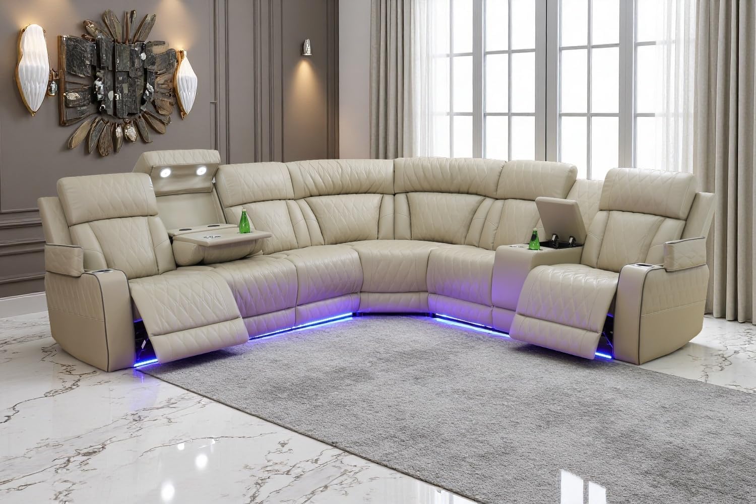A Ainehome Power Reclining Sectional Sofa Set with LED, Living Room Furniture Sets, Power Recliner Sectional Sofa Couch with 2 Recliner, Leather Couches with USB Port&Storage for Living Room