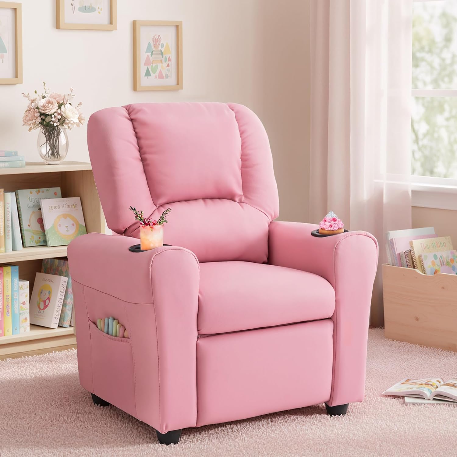 Kids Recliner Chair PU Leather Reclining Toddler Push Back Sofa Ages 1-6 | 2 Storage Pockets, 2 Cup Holders, Adjustable Footrest, Ideal for Reading Gaming Relaxing, Children Youth Boys Girls Lounge