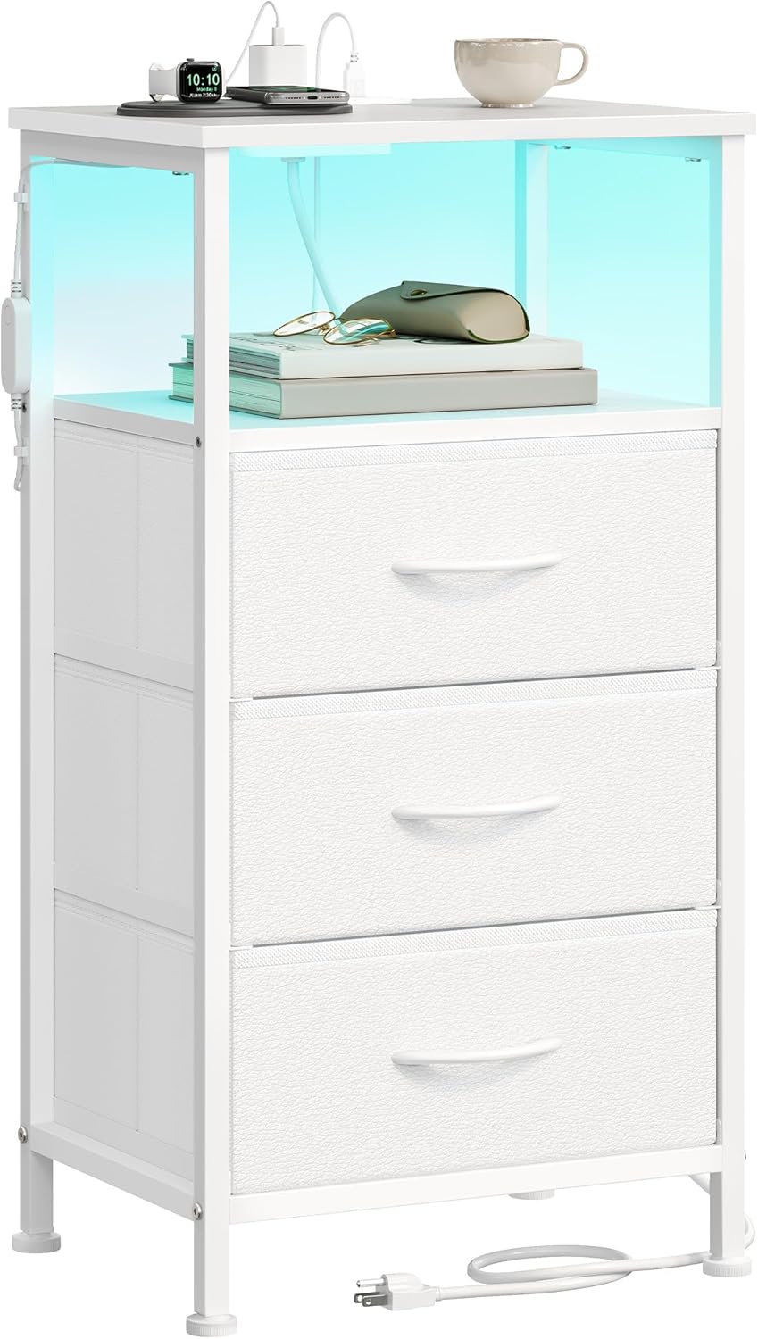 SONGMICS BELLAH Collection – Nightstand with Charging Station and App-Controlled Adjustable LED Lights, Bed Side Table, 3 Drawers and 1 Open Shelf, Modern, Cloud White and Snow White ULGS303WH01S