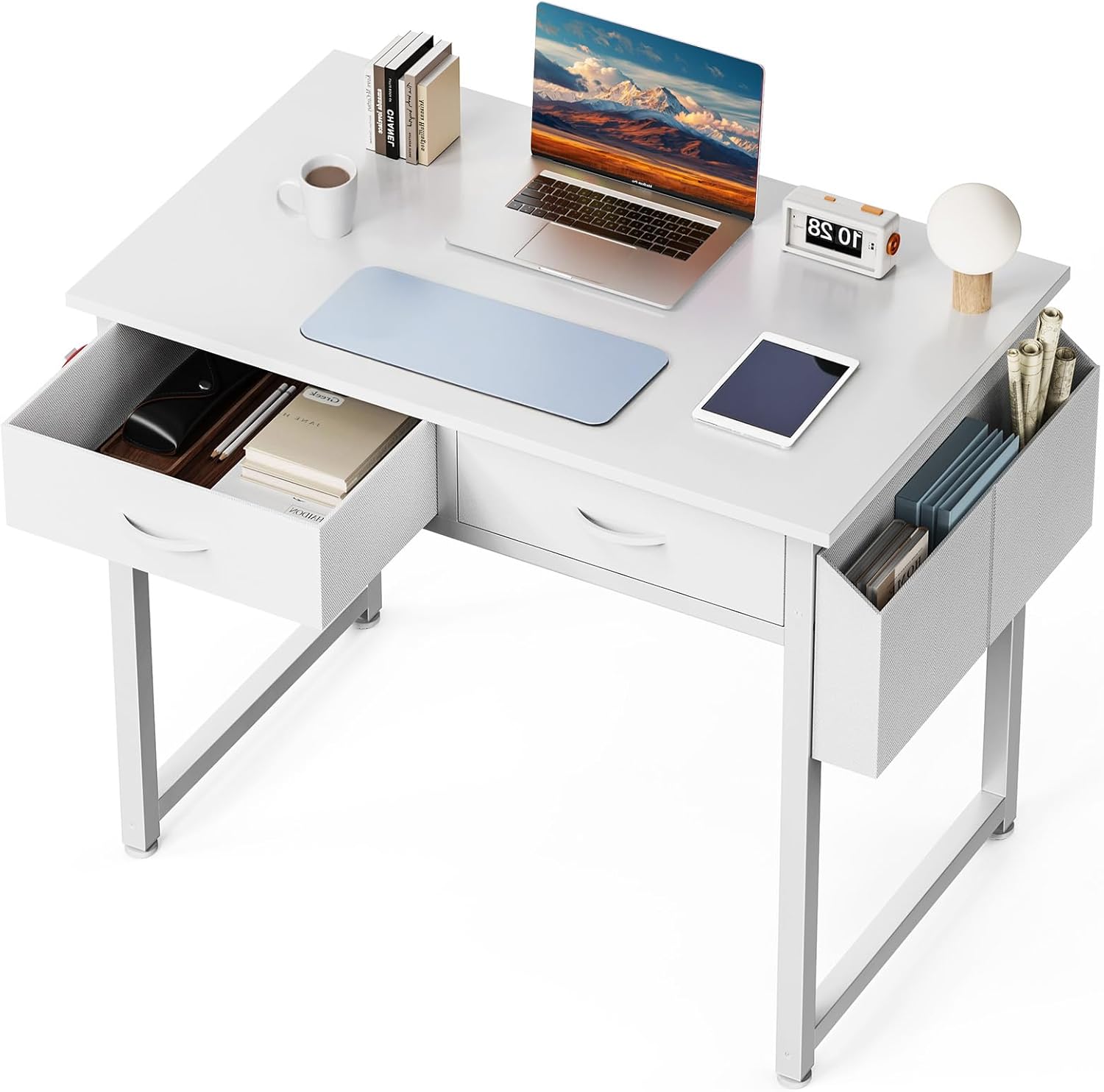 DUMOS 32″ Home Office Computer Desk with Drawers, Small Gaming Writing Study Table with Storage Side Bag, Headphone Hook and Adjustable Feet for Bedroom White
