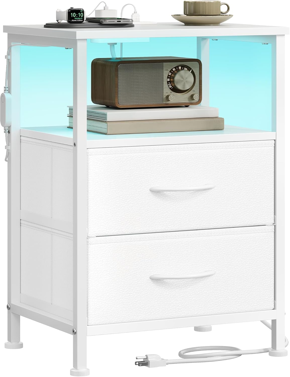 SONGMICS BELLAH Collection – Nightstand with Charging Station and App-Controlled Adjustable LED Lights, Bed Side Table, 2 Drawers and 1 Open Shelf, Modern, Cloud White and Snow White ULGS302WH01S