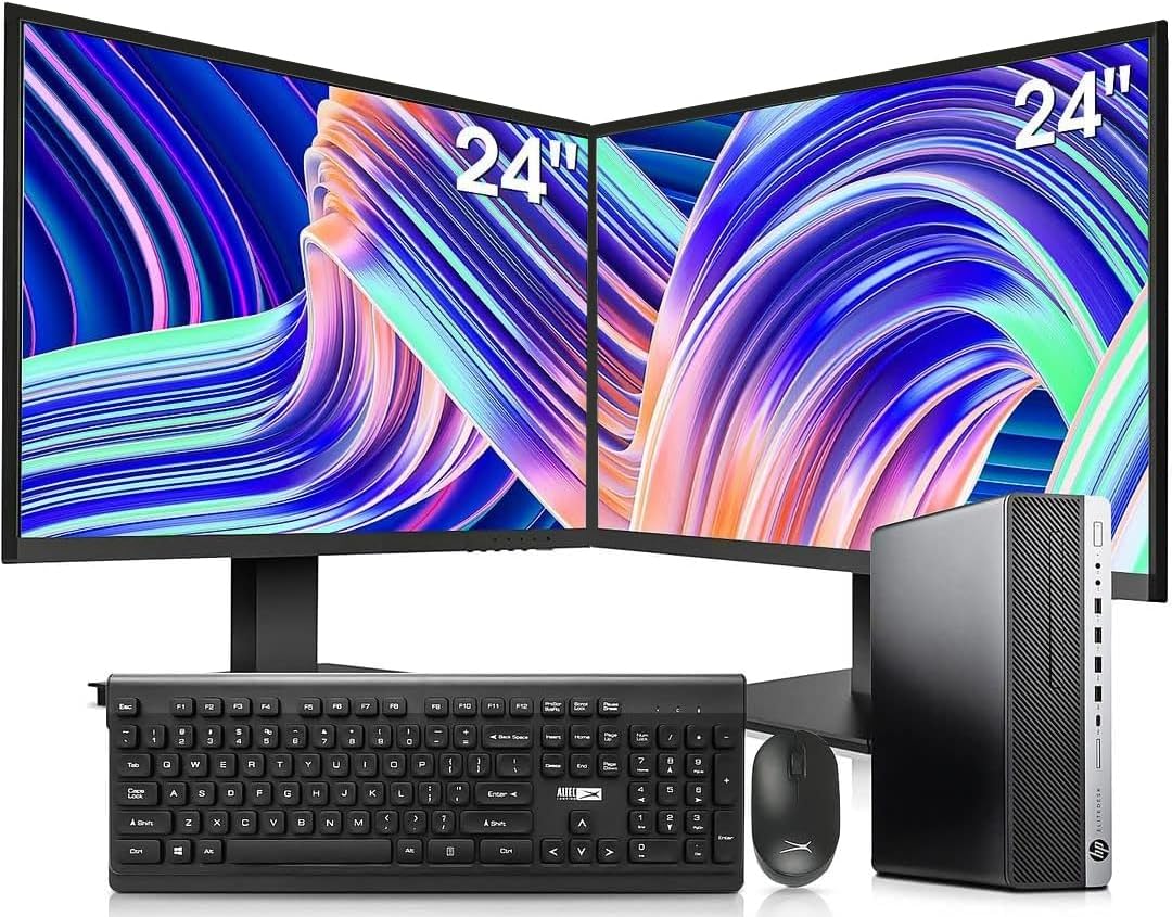 HP Elitedesk 800 G3 SFF Desktop PC – Intel i7-6700,32GB DDR4,1TB NVMe SSD + 2TB HDD, AX200 Wi-Fi 6,Dual 24-Inch Monitors, Wireless Keyboard and Mouse,Win 11 Pro (Renewed)