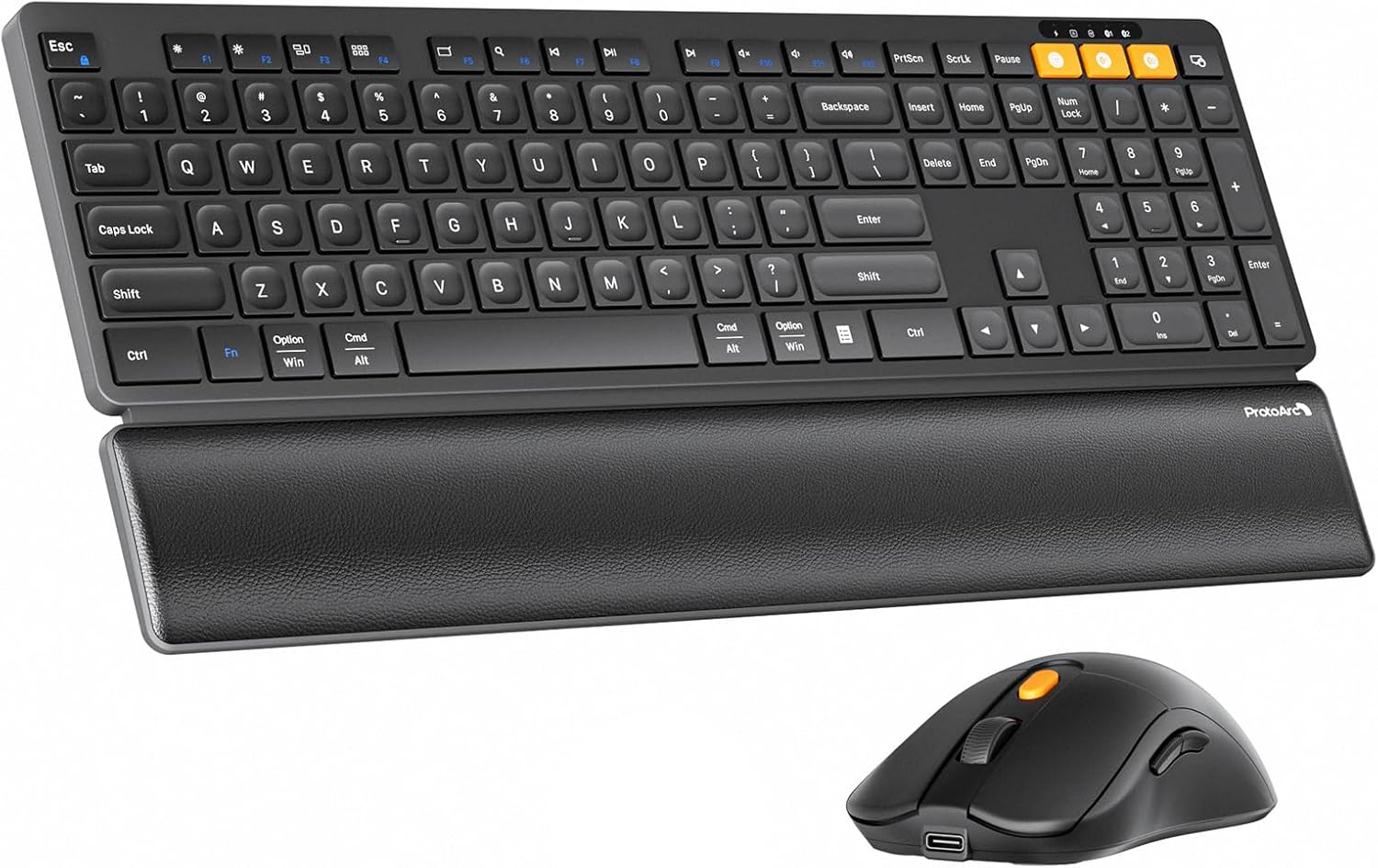 ProtoArc KM60 Wireless Ergonomic Keyboard Mouse Combo, Black | Full-size Keyboard with Wrist Rest, 63G Mouse, 3-Device Switching (Dual Bluetooth+2.4G), Type-C Charging, Quiet Keys